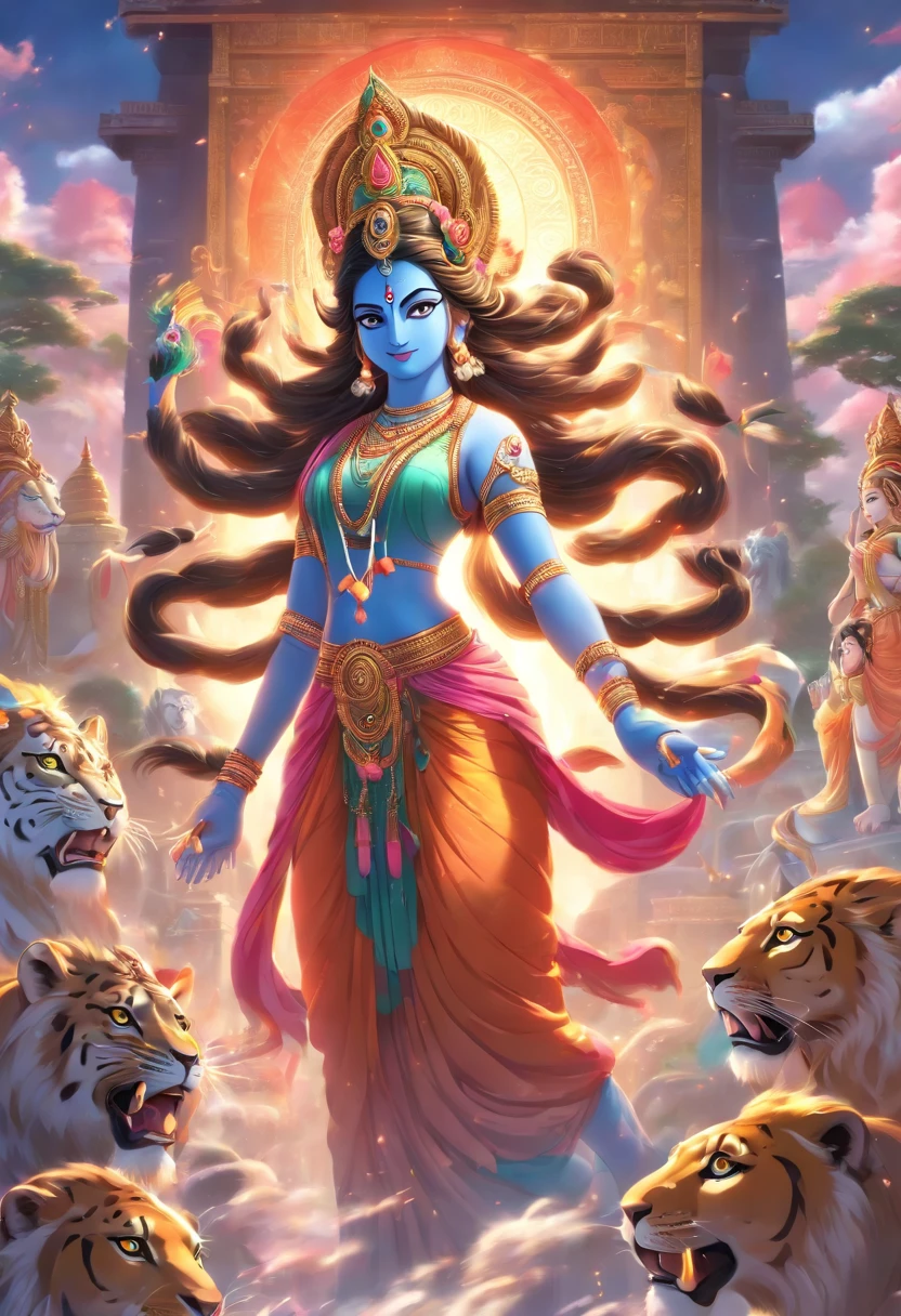 (((Parvati))) best quality, ultra-high resolution, 4K detailed CG, masterpiece,Parvati,Indian woman,Hindu goddess,Hindu temple,lion,aesthetic,beautiful image,screen-centered,full body,in foot