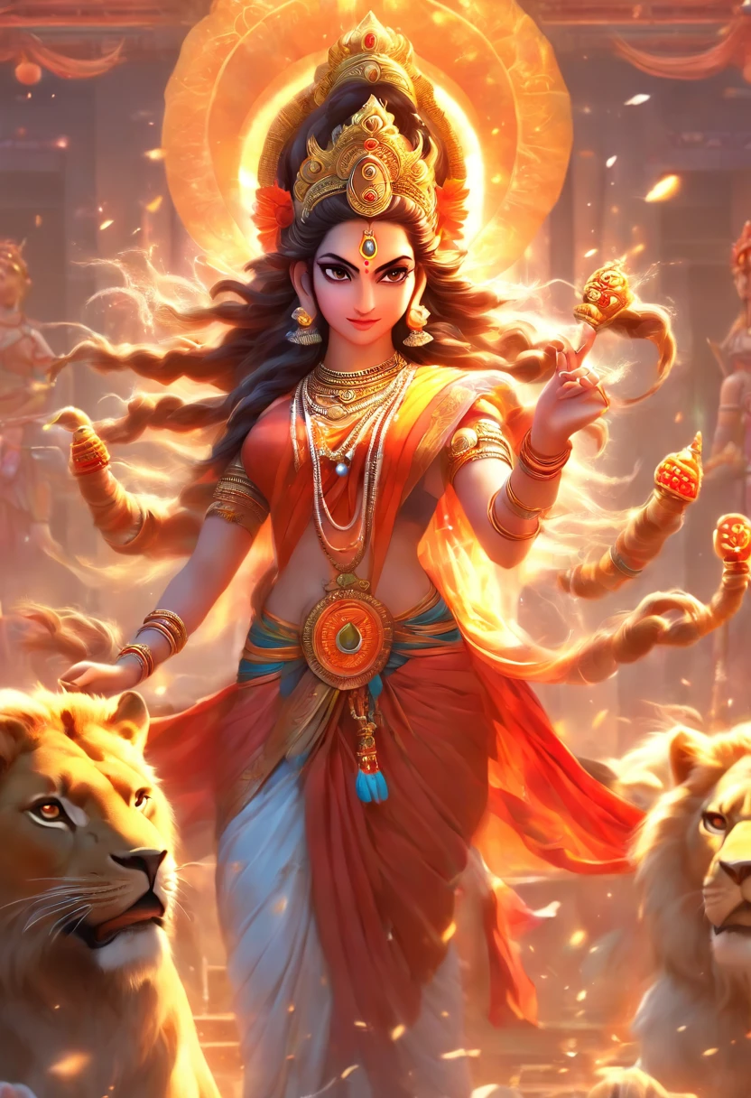 (((Parvati))) best quality, ultra-high resolution, 4K detailed CG, masterpiece,Parvati,Indian woman,Hindu goddess,Hindu temple,lion,aesthetic,beautiful image,screen-centered,full body,in foot