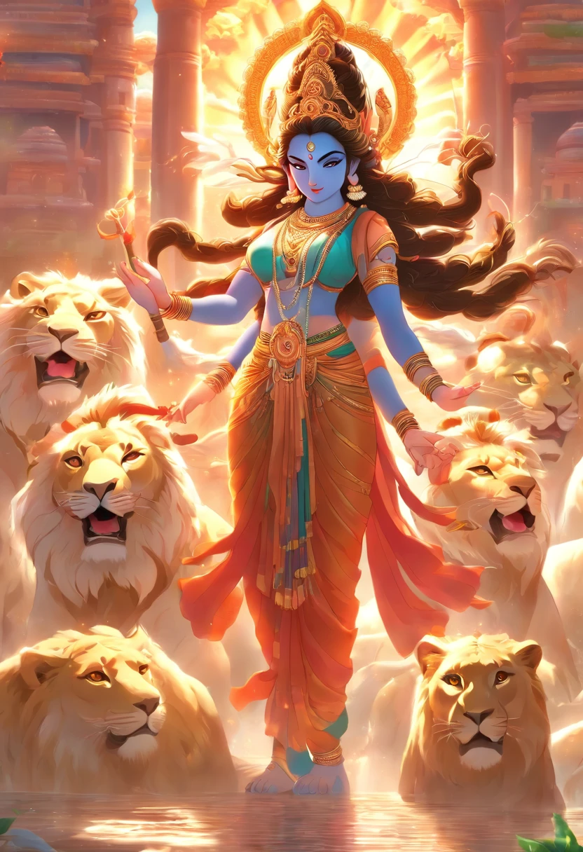 (((Parvati))) best quality, ultra-high resolution, 4K detailed CG, masterpiece,Parvati,Indian woman,Hindu goddess,Hindu temple,lion,aesthetic,beautiful image,screen-centered,full body,in foot