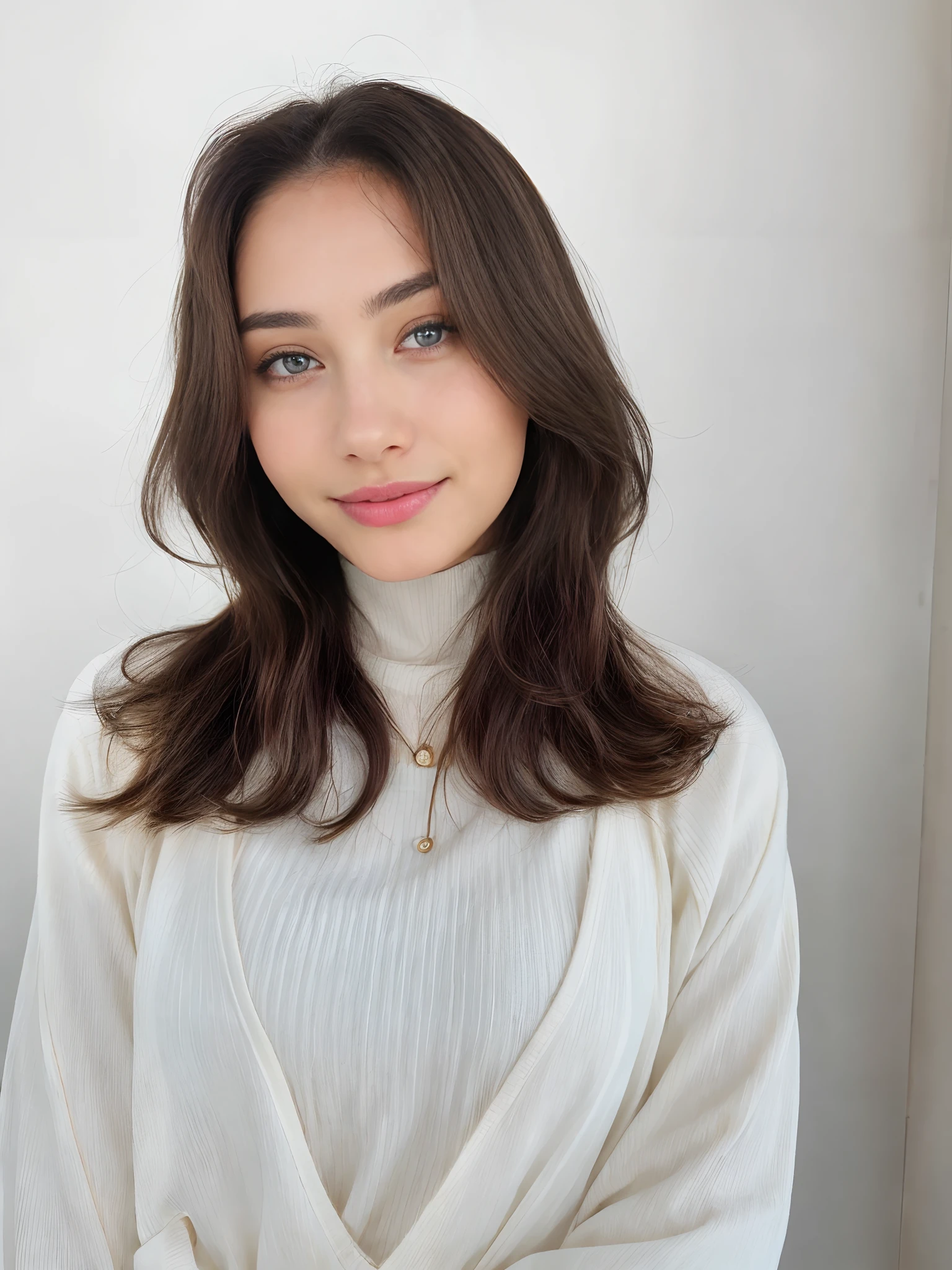 Beautiful brunette with blonde highlights in beige sweater (Drink soda in a café), Very detailed, 22year old, innocent-looking face, Natural wavy hair, blue eyes, High resolution, masutepiece, Best Quality, intricate high detail, ighly detailed, foco nítido, Detailed skin, Realistic skin texture, Texture, A detailed eye, professional, 4K, A charming smile, shot in Canon, 85 mm, Shallow depth of field, Kodak Vision Color, Perfect Fit Body, Extremely detailed, a picture_\(Ultras\), Photorealsitic, realisitic, post processed, maximum details, Roughness, Real life, ultra realist, Photorealism, photography, 8K UHD, photography