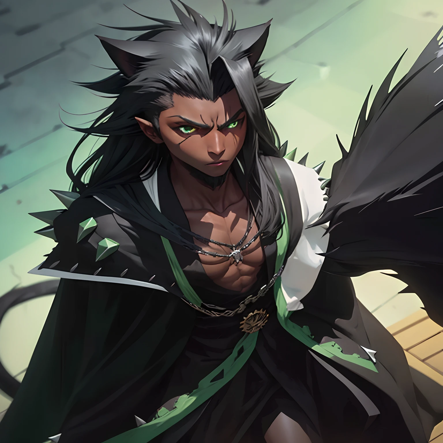 (Black spikey long hair), (dark skinned male),  (cat ears), (green eyes), (black robes), (long hair), (spikey hair)