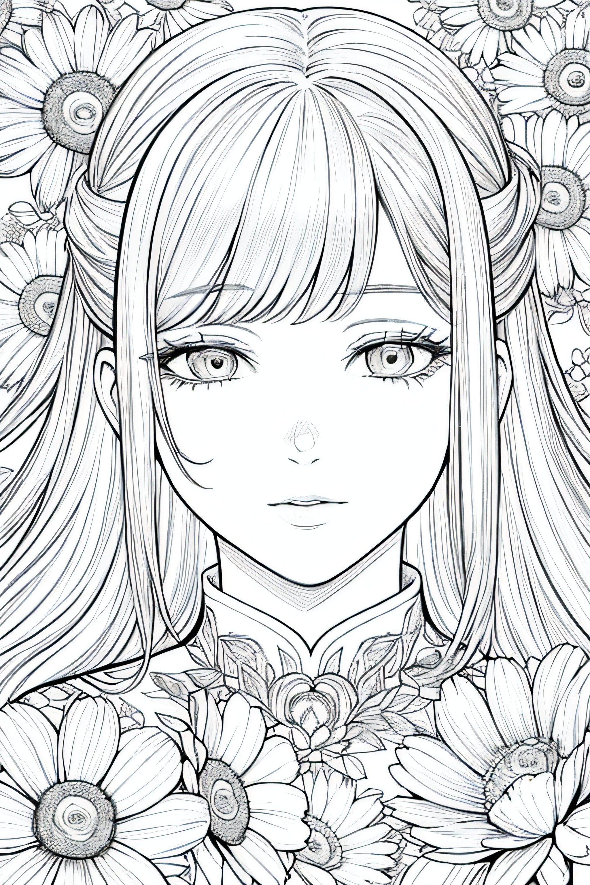 best quality, high resolution, detailed background, high contrast, 1 girl, close-up of the head, floral background, clean line drawings, vibrant colors