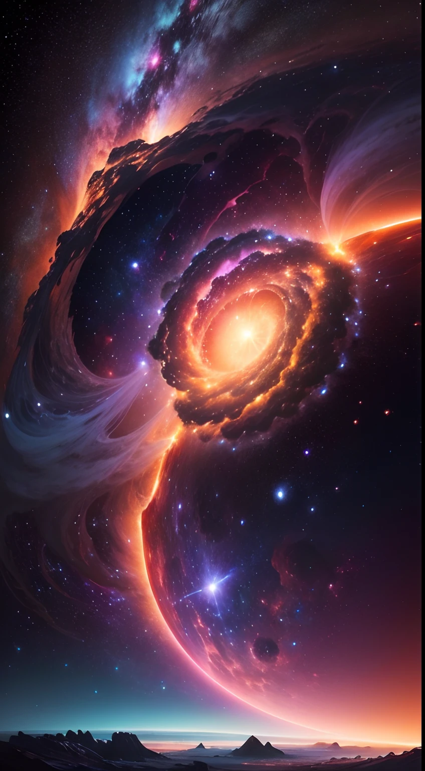 "Create a stunning universe image that showcases a celestial landscape filled with vibrant galaxies, sparkling stars, and ethereal nebulae. Let the colors be rich and captivating, with deep blues, purples, pinks, and hints of fiery oranges. The image should evoke a sense of awe and wonder, as if the viewer is gazing upon the infinite expanse of the cosmos. Include a central focal point that draws attention, such as a radiant supernova or a swirling spiral galaxy. Let the image be filled with intricate details, capturing the majesty and complexity of the universe. Finally, infuse the image with a touch of fantasy, adding a subtle otherworldly element that sparks the imagination. Surprise and delight the viewer with a truly breathtaking vision of the cosmos."