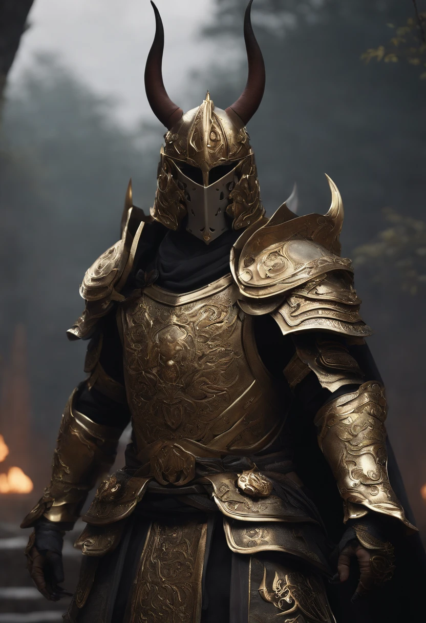 warrior, concept-art, author:Kishiganku, Fantasy art, Zen temple background, clean render, a horned, Wear a set of armor, Detailed bushido form smoke, helmet of a forgotten deity, character is standing, 8k Realistic, in game render, detailed face background detail, Art station front page, taur, Pseudo-medieval fantasy, A deity wearing koi armor, detailed bronze armor, Bronze armor, golden etched armor, gold obsidian armor, Light gold armor, Gorgeous filigree armor, A demonic warrior, Gorgeous armor full of thorns, Intricate assasin armor, Intricate metal armor, powerful warrior, Dressed in gorgeous golden armor,Decorated with intricate patterns, The helmet has a large crown and two horns, Everything is in the dark, The smoky background alludes to battle scenes, Add an ominous aura to his character,Huge demon wings of demons,submission, Full body shot.