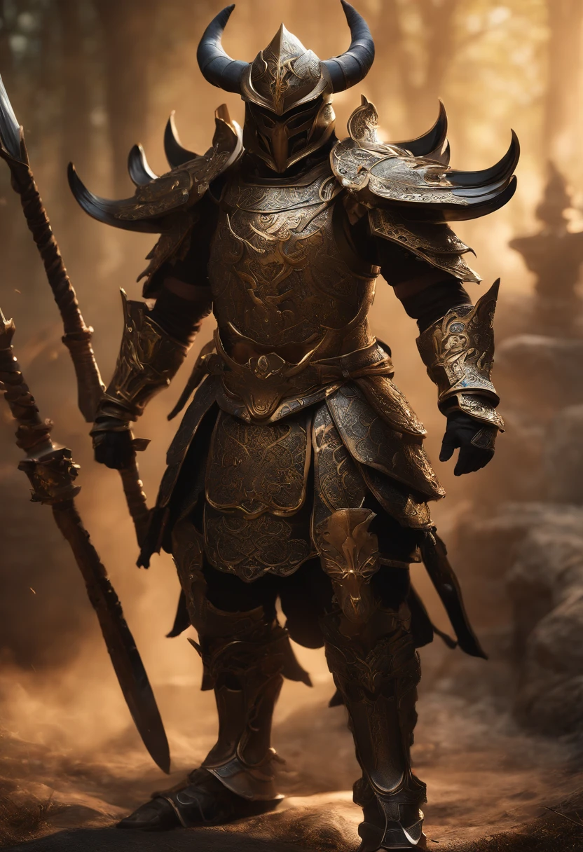warrior, concept-art, author:Kishiganku, Fantasy art, Zen temple background, clean render, a horned, Wear a set of armor, Detailed bushido form smoke, helmet of a forgotten deity, character is standing, 8k Realistic, in game render, detailed face background detail, Art station front page, taur, Pseudo-medieval fantasy, A deity wearing koi armor, detailed bronze armor, Bronze armor, golden etched armor, gold obsidian armor, Light gold armor, Gorgeous filigree armor, A demonic warrior, Gorgeous armor full of thorns, Intricate assasin armor, Intricate metal armor, powerful warrior, Dressed in gorgeous golden armor,Decorated with intricate patterns, The helmet has a large crown and two horns, Everything is in the dark, The smoky background alludes to battle scenes, Add an ominous aura to his character,Huge demon wings of demons,submission, Full body shot.
