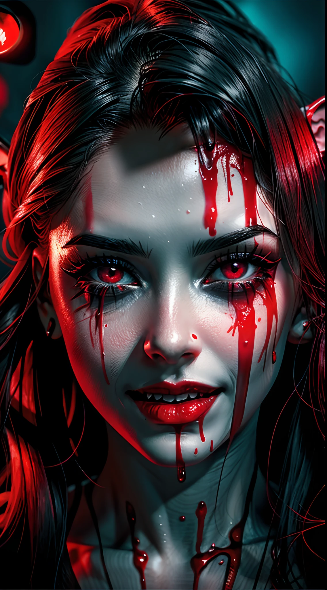 um close up de uma mulher com sangue no rosto,  vampiro, olhos sanguinolentos, retrato do vampiro, female vampire, rosto ensanguentado, olhos vermelhos de sangue, vampiro mulher, bloody tears, rainha vampira bonita, beautiful female vampire, intense demonic look in the eyes, Arte digital realista 4K, Arte digital realista 4K, fantasia vampiros, olhos vermelhos brilhantes, com olhos vermelhos