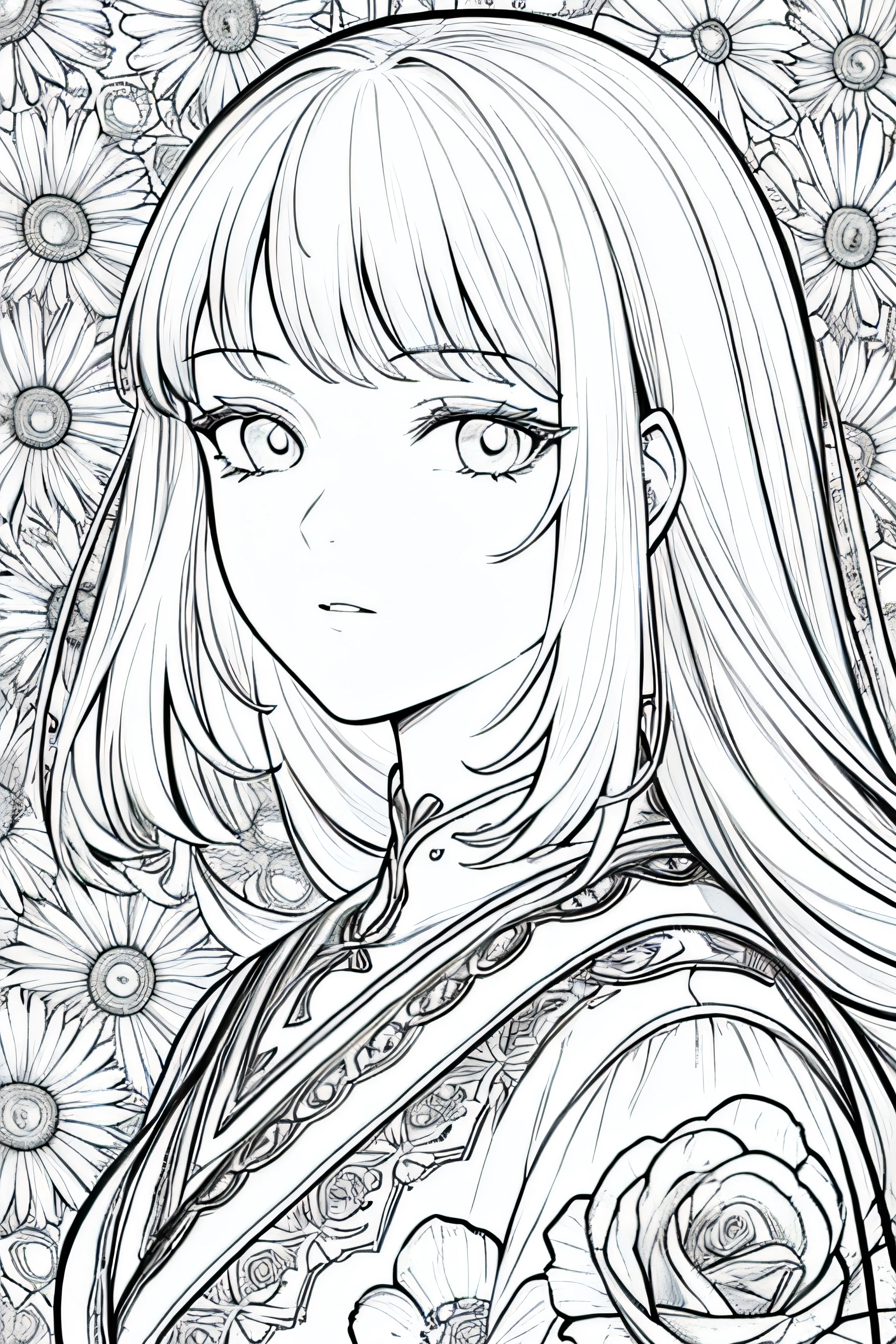 best quality, high resolution, detailed background, high contrast, 1 girl, close-up of the head, floral background, clean line drawings, vibrant colors