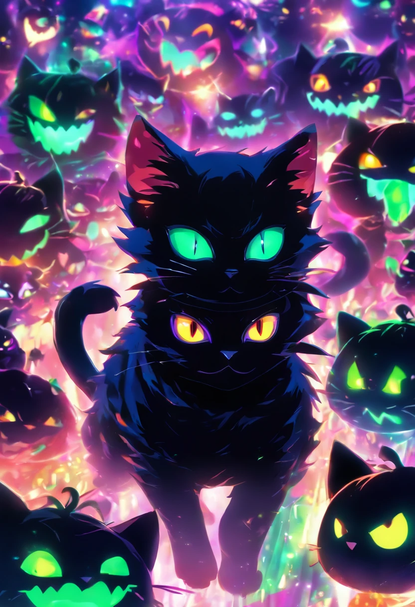 (best quality:1.2, ultra-detailed, photorealistic:1.37), portraits, Cat Halloween Party, black cat, Mofumofu, purple, green, neon, vibrant colors