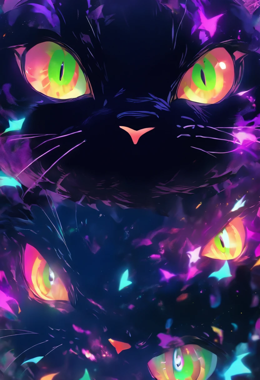 (best quality:1.2, ultra-detailed, photorealistic:1.37), portraits, Cat Halloween Party, black cat, Mofumofu, purple, green, neon, vibrant colors