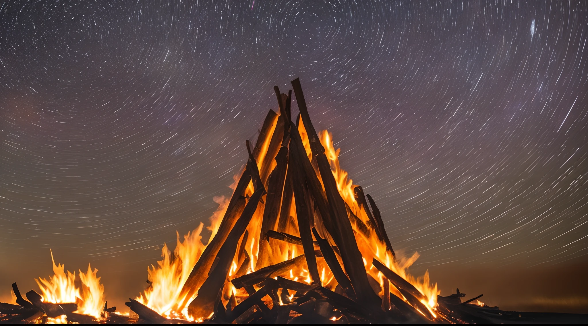 bonfire. Giant flames. Surreal smoke of a starry night