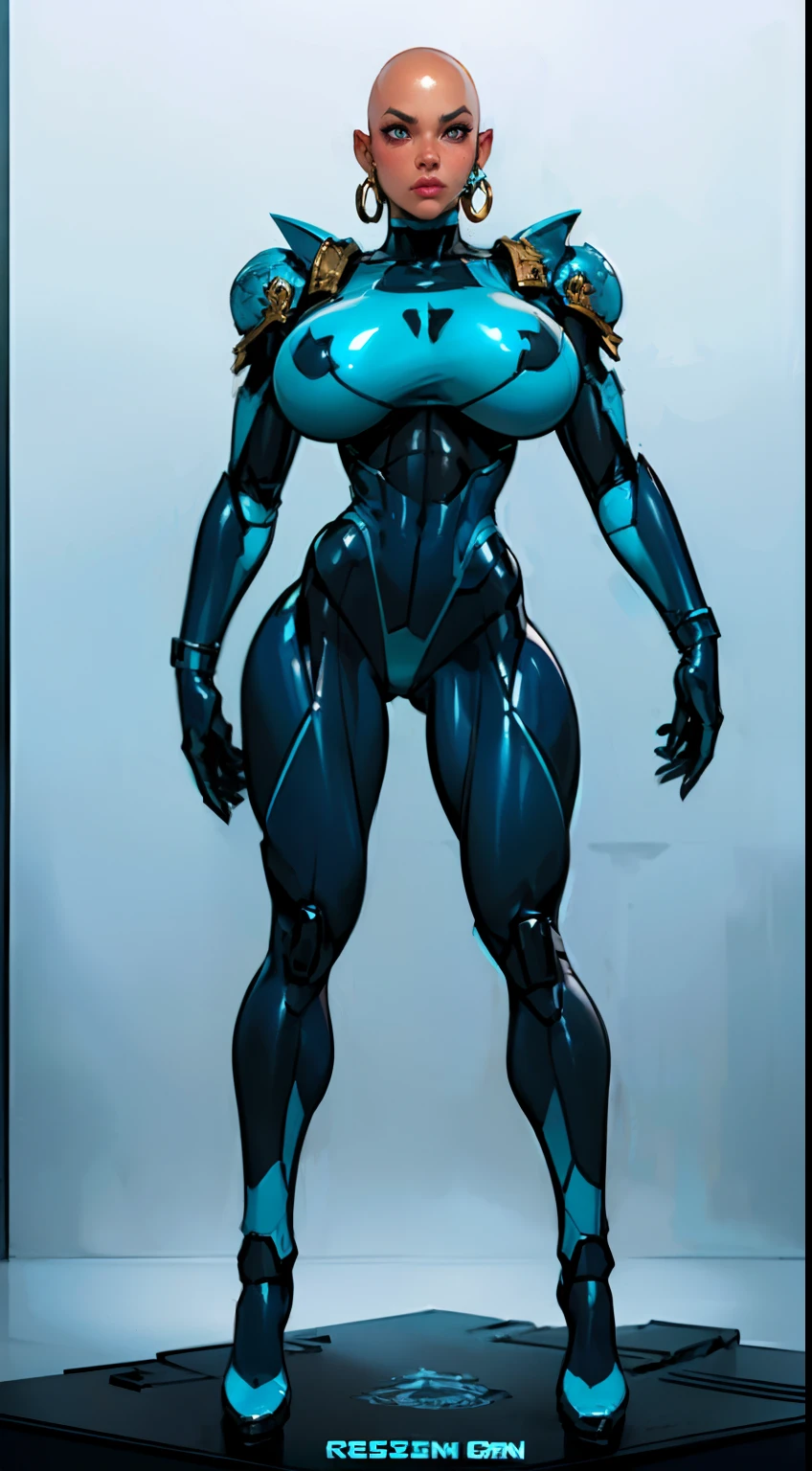 8k ((full body view))((view from below:1.5)),(large eyes:1.3), defined cheekbones, looking back, ((the pit style:1.4))((sleek dark blue bodysuit:1.6)) ((intricate metal details:1.4))detailed face:1.5), lightblue skin,(puffy lips:1.5) (lightblue skin:1.6), (bald woman:1.7), (skinhead) ((sexy pose)),(Muscular:1.3), ((gigantic breasts:1.5)), )highly detailed, ((intricate neon lines on bodysuit)), majestic, digital photography, art by artgerm and ruan jia and greg rutkowski, ((metal shoulder pads:1.2)), (masterpiece), sidelighting, intricate details, (((white color palette)))