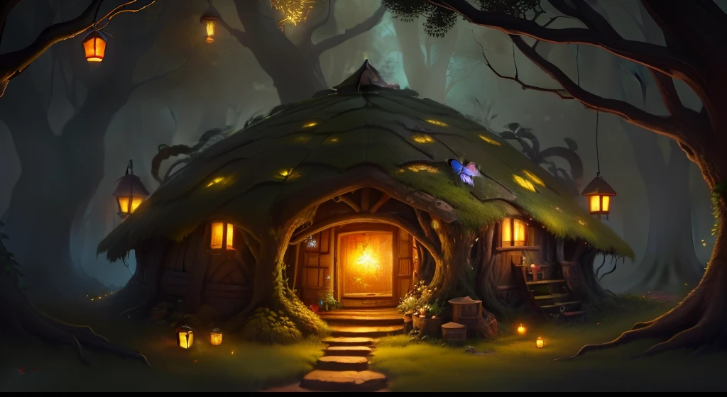 An elven Anthill like hobbit house, in an autumnal undergrowth setting, lanterns hanging from tree branches, glittering butterflies and fireflies, 4k, semi-realistic