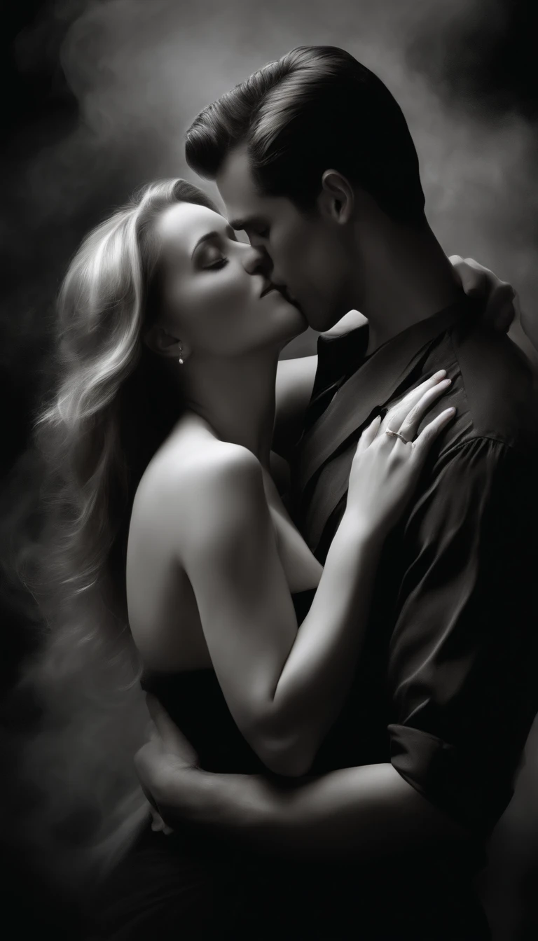 a romantic couple kissing, Oil Painting, Harsh brush strokes, Dramatic Lighting, intense expression, Smoke rises in the background, Black and white with a touch of gold, Realism. (Best Quality, hight resolution, Ultra-detailed), (Realistic:1.37), Professional, Vivid colors.