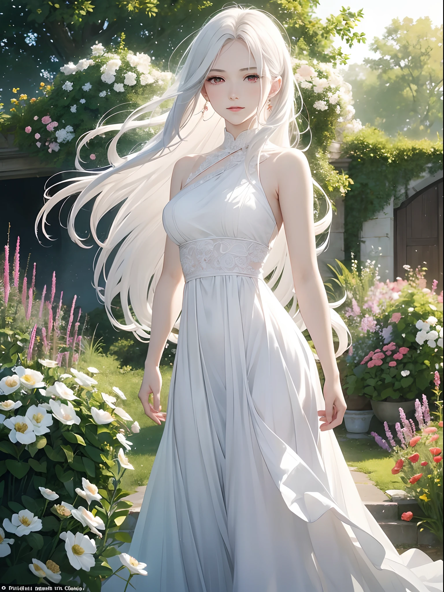 (best quality, ultra-detailed), young mature woman, white hair, red eyes, pale skin, delicate appearance, porcelain-like skin, elegant facial features, flowing white dress, subtle blush on cheeks, serene expression, gentle smile, tall and slender figure, standing in a blooming garden, surrounded by vibrant flowers, soft sunlight illuminating her graceful silhouette, ethereal atmosphere, slight wind gently blowing her hair, a sense of tranquility and serenity, artistic rendering, capturing every intricate detail, realistic portrayal of emotions, intense gaze that captivates the viewer, artistic style reminiscent of classical paintings, masterful brushstrokes creating depth and dimension, vibrant colors blending harmoniously, exquisite attention to light and shadow, creating a mesmerizing and enchanting artwork.