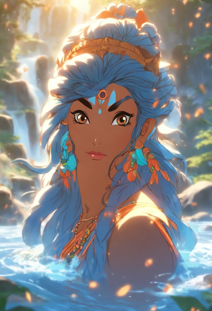 (((Parvati))) best quality, ultra-high resolution, 4K detailed CG, masterpiece,Parvati,Indian woman,Hindu goddess,river,stream,bathing,aesthetics,beautiful image,screen-centered,body complete, standing