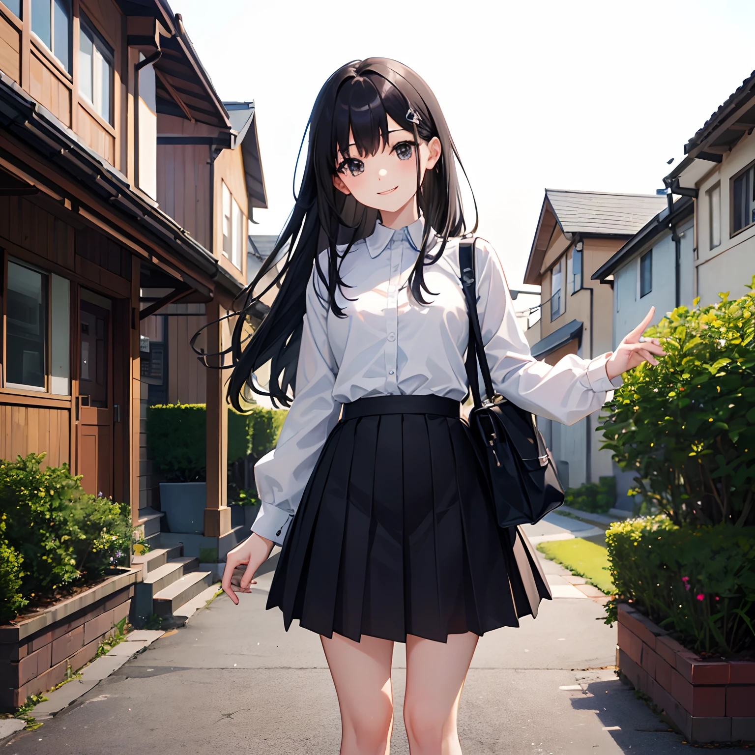 top-quality, masterpiece, high-detail, 16k image、Super delicate and cute girl with black hair、girl with、Solo、1 persons、a junior high school student、14years、Dark hair、Black eyes、length hair、A smile、Lace skirt、white shirt、Plain clothe、outside of house、Urban area