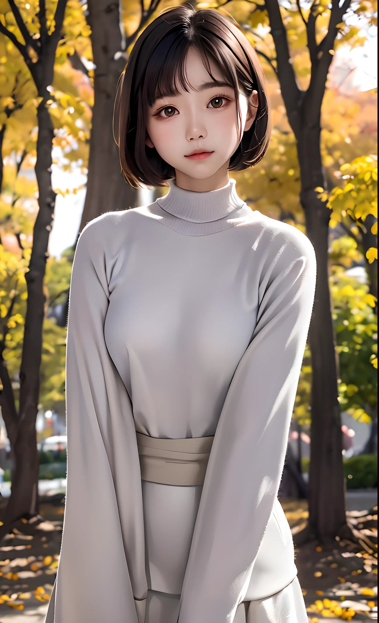 masutepiece:1.2, High quality, Best Quality, High resolution, Hyper realistic, girl with, a short bob，hair messy, Light gray eyes,Infinitely clear eyes，sixteen years old，High neck inner，muffler，long  skirt，Standing，Head tilt, plein air，Autumn Park:1.5，blurry backround, Portrait,Natural look, (Detailed face), ((foco nítido)), ((Face)), The upper part of the body_Body，Autumn Park，Autumn sky