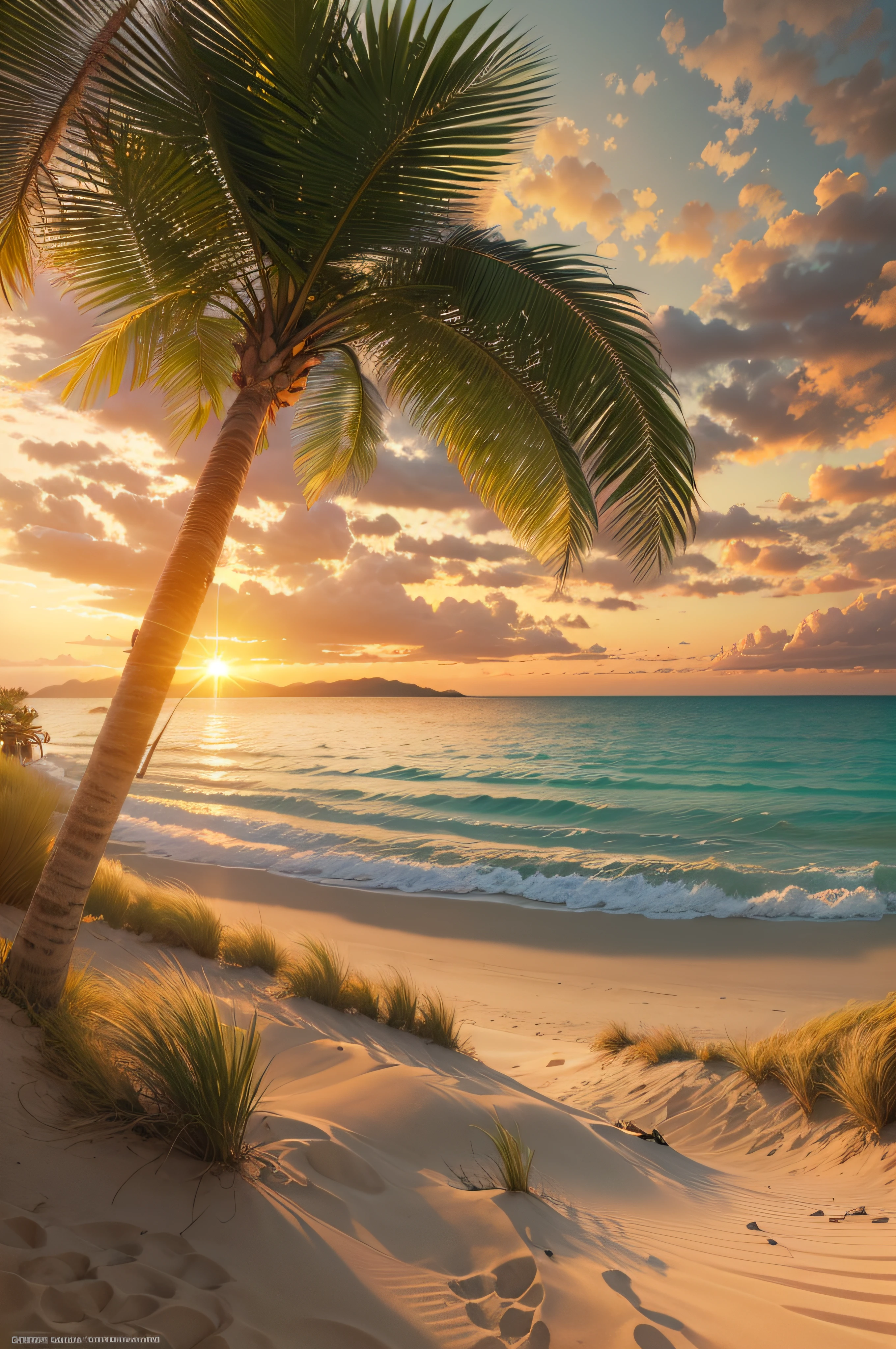 A painting of a palm tree on a beach with the sun setting - SeaArt AI
