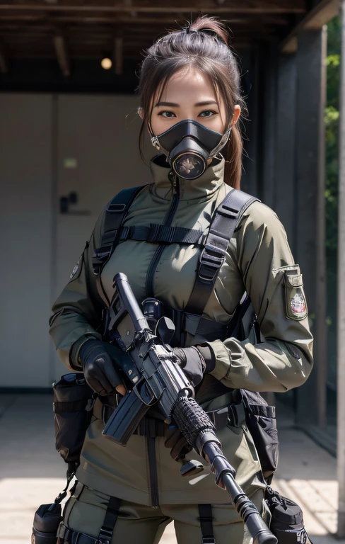 Highest image quality, outstanding details, ultra-high resolution, (realism: 1.4), ((middle shot:0.75)), highly condensed 1 lady, with beautiful and a delicate face, perfect proportion, (chubby:0.3, small breasts), (cloths color base ratio black:0.2 white:0.6 other-color:0.1), (wearing camouflage pattern cloths, wearing rash-guard likes police uniform, black and grey mecha, wearing high-tech heavy gasmask, military harness, carrying hich-tech-flamethrower-tank on back), background simple grey wall,