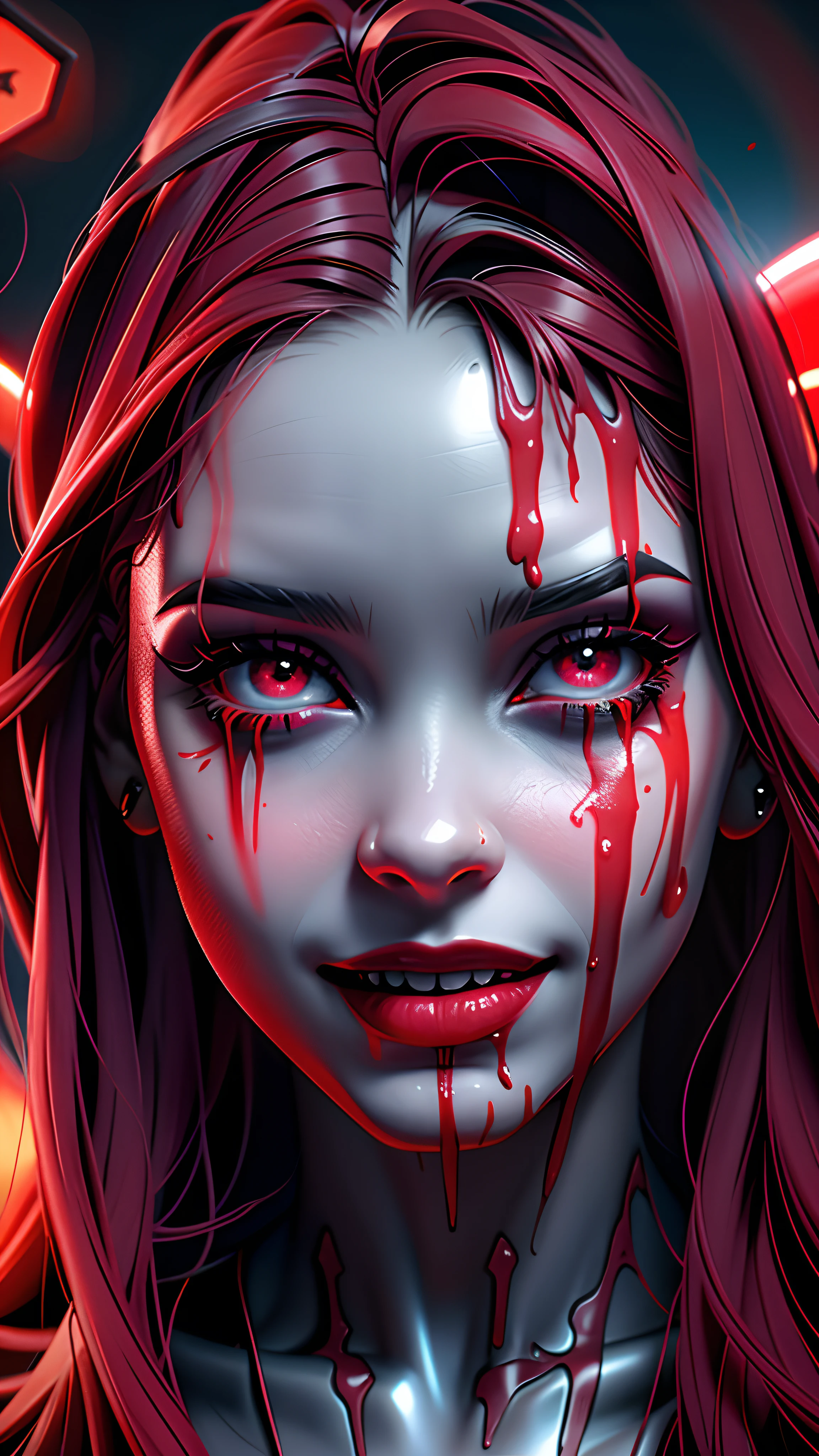um close up de uma mulher com sangue no rosto, menina vampiro, olhos sanguinolentos, retrato do vampiro, female vampire, rosto ensanguentado, olhos vermelhos de sangue, vampiro mulher, bloody tears, rainha vampira bonita, beautiful female vampire, intense demonic look in the eyes, Arte Digital 4K Realista, Arte Digital 4K Realista, fantasia vampiros, olhos vermelhos brilhantes, com olhos vermelhos