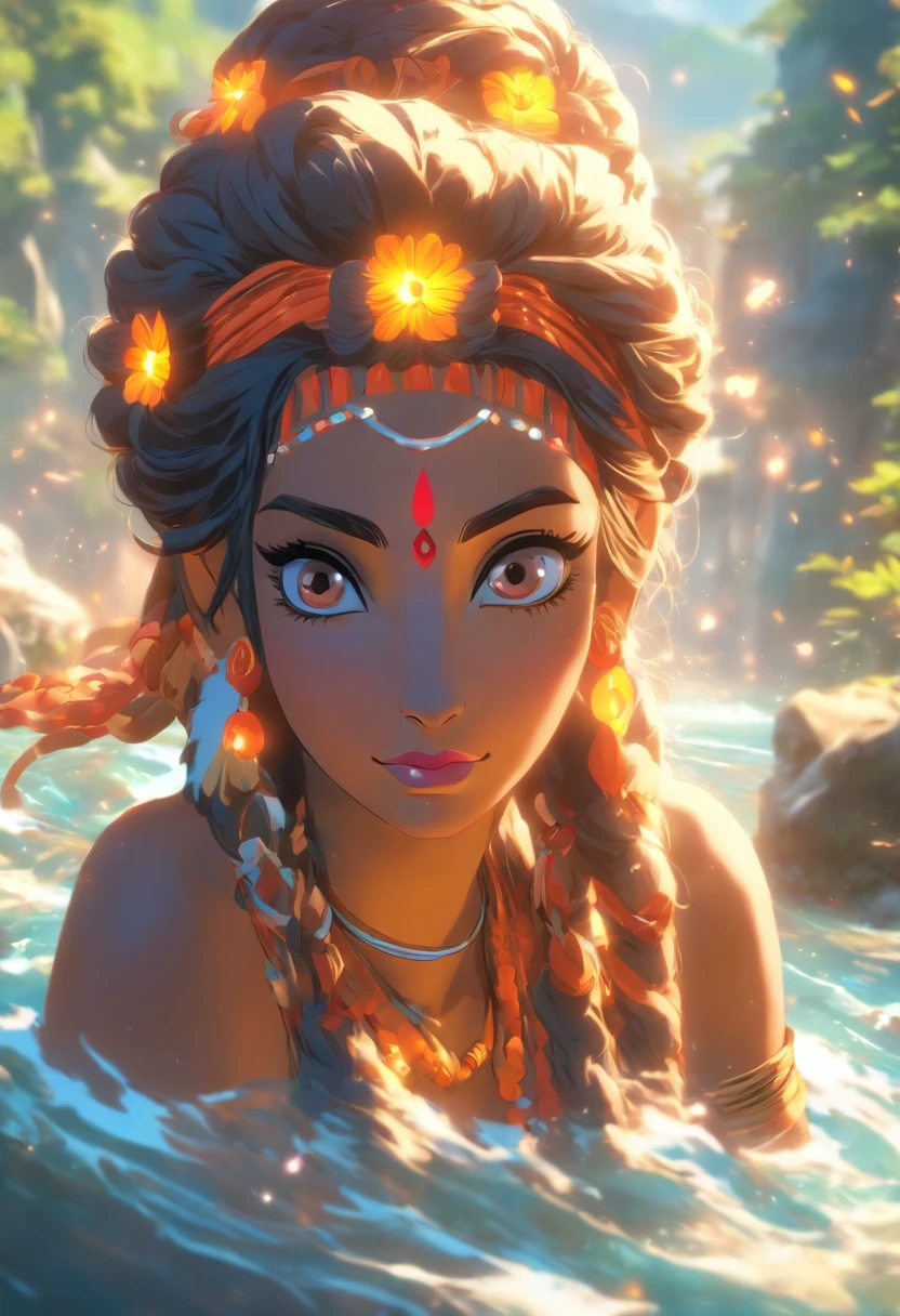 (((Parvati))) best quality, ultra-high resolution, 4K detailed CG, masterpiece,Parvati,Indian woman,river,stream,bathing,aesthetic,beautiful image,centered on screen
