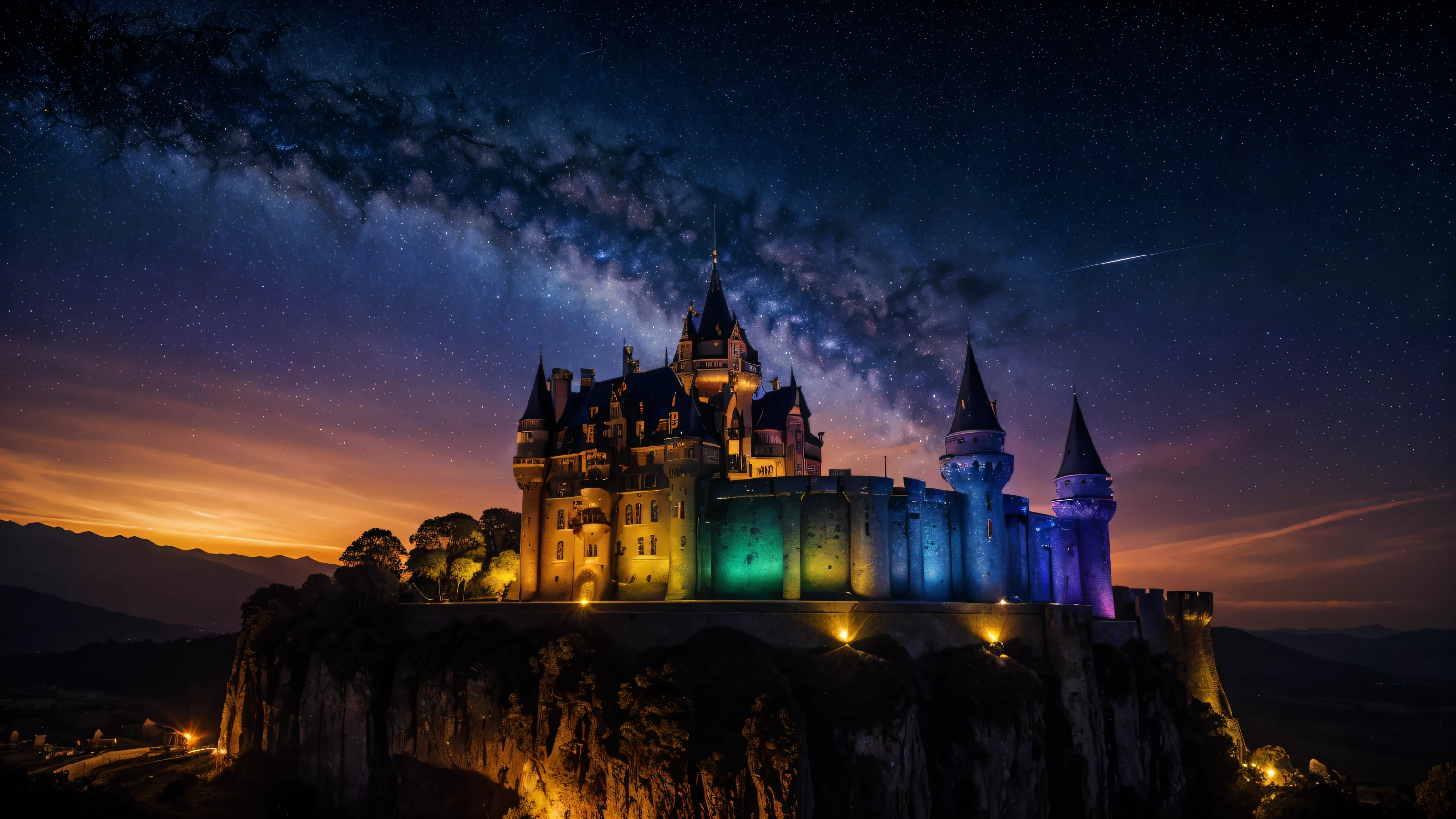 stunning scenery, surreal lighting, extremely extravagant lighting, vivid color, beautiful scenery, night, natural, (gigantic castle fully lit and colorful), ((colorful spotlights)), ((stars in the sky)), orange stripe on the horizon