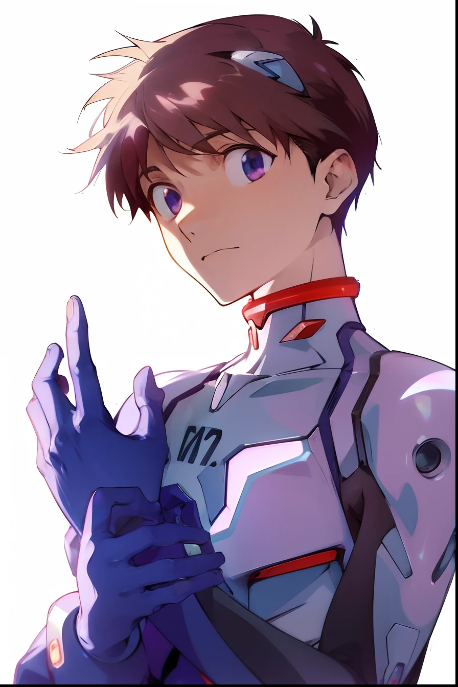 Shinji Ikari, From Neon Genesis Evangelion, Posing in his iconic dark purple plugsuit on a bright red background. Dim lighting adds depth to his porcelain-like skin, Glowing under the photographer's lens. His delicate fingers are、While staring into the distance、Tap along to a melody you've never heard, lost in thought. Despite being a humanoid entity, There is something distinctly alien to him; That's how he holds himself、Or perhaps in the air of mystical attraction that surrounds him.