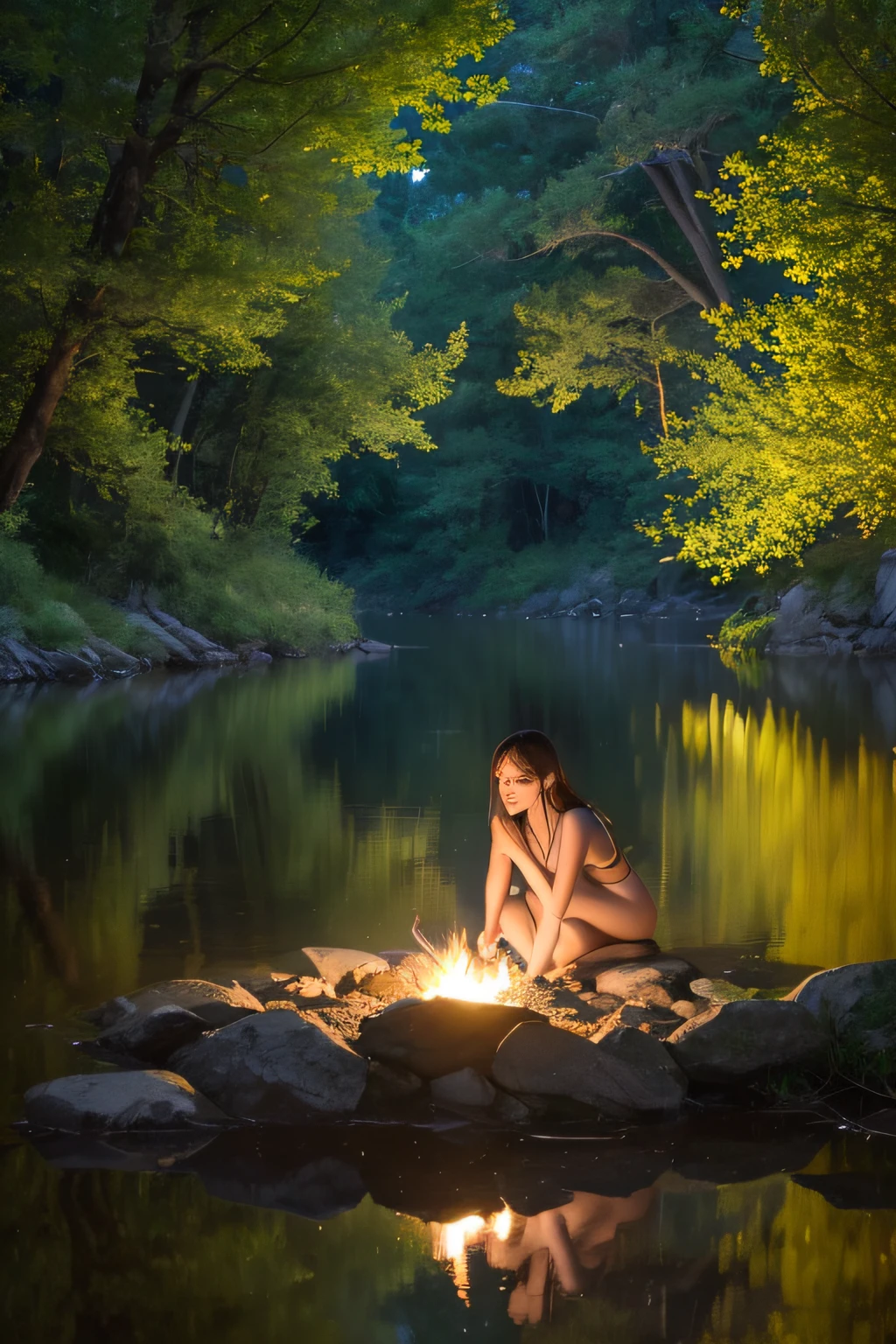 (best quality, 4k, 8k, highres, masterpiece:1.2), ultra-detailed, (realistic, photorealistic, photo-realistic:1.37), camping, young woman, solo, (midnight), moonlight, sultry night, naked water bathing in the lake, photo realistic, detailed face, small glowing campfire, peaceful setting, cozy tent, starry night, serene atmosphere, nsfw, quiet and calm, beautiful nature, distant mountains, flowing river, gentle breeze, soft reflections on the water surface, vibrant colors, realistic shadows, detailed textures, glowing moonlight, flickering campfire light, delicate details of the girl's face and body, textured grass and trees, rich foliage, subtle moonlit highlights, peaceful and beautiful surroundings, tranquil ambiance, gentle ripples on the water, serene facial expressions, serene and confident, comfortable camping clothes, relaxed posture, immersive experience, well-prepared camping gear, natural beauty, harmony with nature, distant sounds of wildlife, peaceful sleep under the starry sky, magical connection with the outdoors, moments of solitude, sense of adventure, youthful energy, exploration of the wilderness, escape from the city, connection with the elements, recharging and rejuvenating, capturing memories in the wilderness