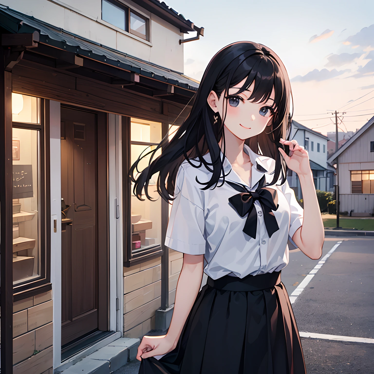 top-quality, ​masterpiece, high-detail, 16k image、Super delicate and cute girl with black hair、girl with、Solo、1 persons、a  high schoolrs、Dark hair、Bleyes、length hair、A smile、Lace skirt、white  shirt、Plain clothe、outside of house、Urban area