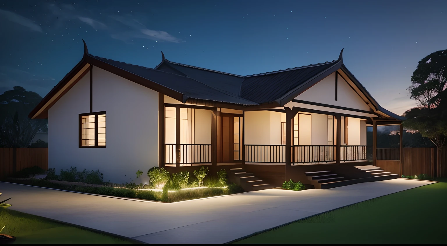 casa grande no campo, Vista externa frontal, (Um andar), ((Estilo moderno)), No meio da floresta, rodeada de campo gramado, melhor qualidade, muita detalhado,Lumion Pro Rendering, night ligthning, cinematic quality
