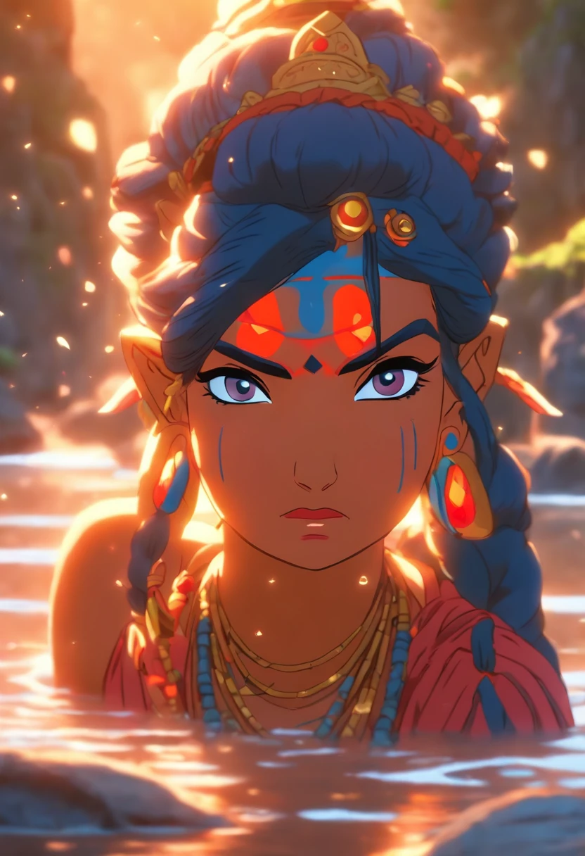 (((Parvati))) best quality, ultra-high resolution, 4K detailed CG, masterpiece, Parvati, Indian woman, standing, expression of sadness, cried, river, beautiful image, centered on screen