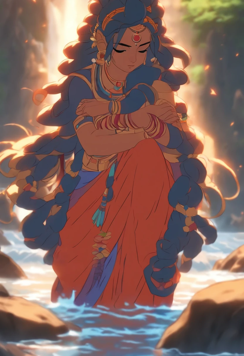 (((Parvati))) best quality, ultra-high resolution, 4K detailed CG, masterpiece, Parvati, Indian woman, standing, expression of sadness, cried, river, beautiful image, centered on screen