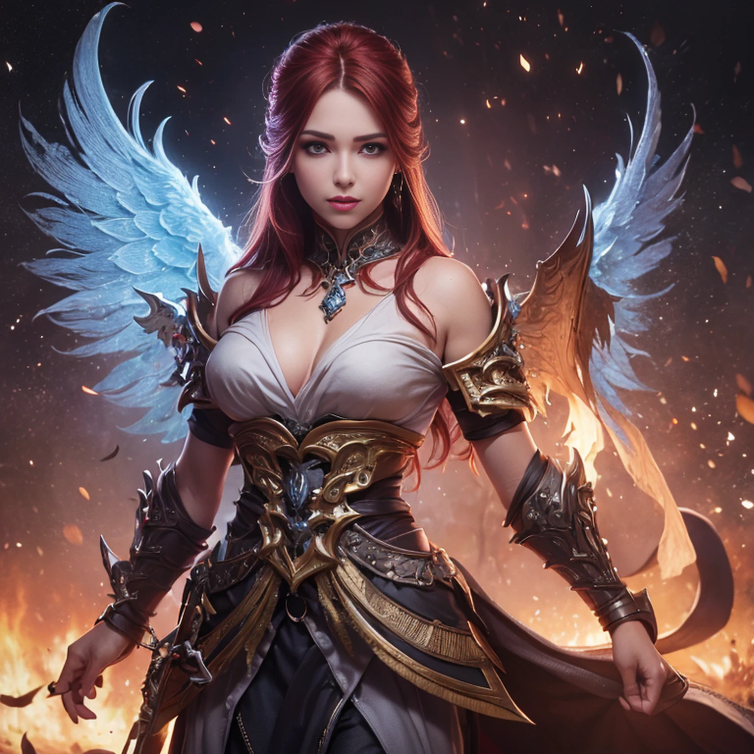 8k, ultra detalhado, master part, melhor qualidade, (extremamente detalhado), Arafed, arte dnd, scenic view, corpo inteiro, Aasimar sorceress casting a flaming spell, Aasimar, female, (Obra-prima 1.3, Detalhes intensos), female, feiticeira, Casting Flaming Spell (Obra-prima 1.3, Detalhes intensos) grandes asas angelicais, Open Blue Angelic Wings (Obra-prima 1.3, Detalhes intensos), magical fantasy background (Obra-prima 1.5, Detalhes intensos), lua, Estrelas, nuvem, vestindo manto branco, Capa roxa, flowing robe (Obra-prima 1.3, Detalhes intensos), Botas de salto alto (Obra-prima 1.3, Detalhes intensos), armado com pessoal, red hair, olhos verdes, olhos intensos, Feminino, Face Ultra Detalhada, (Obra-prima 1.5, melhor qualidade), anatomicamente correto (Obra-prima 1.3, Detalhes intensos), face determinada, Luz Divina, Cinematic lighting, luz suave, silhueta, fotorrealismo, scenic view (Obra-prima 1.3, Detalhes intensos) , Wide-Angle, Ultra-Grande Angular, 8k, Altas, melhor qualidade, Detalhes altos @Vlademir Bernardes