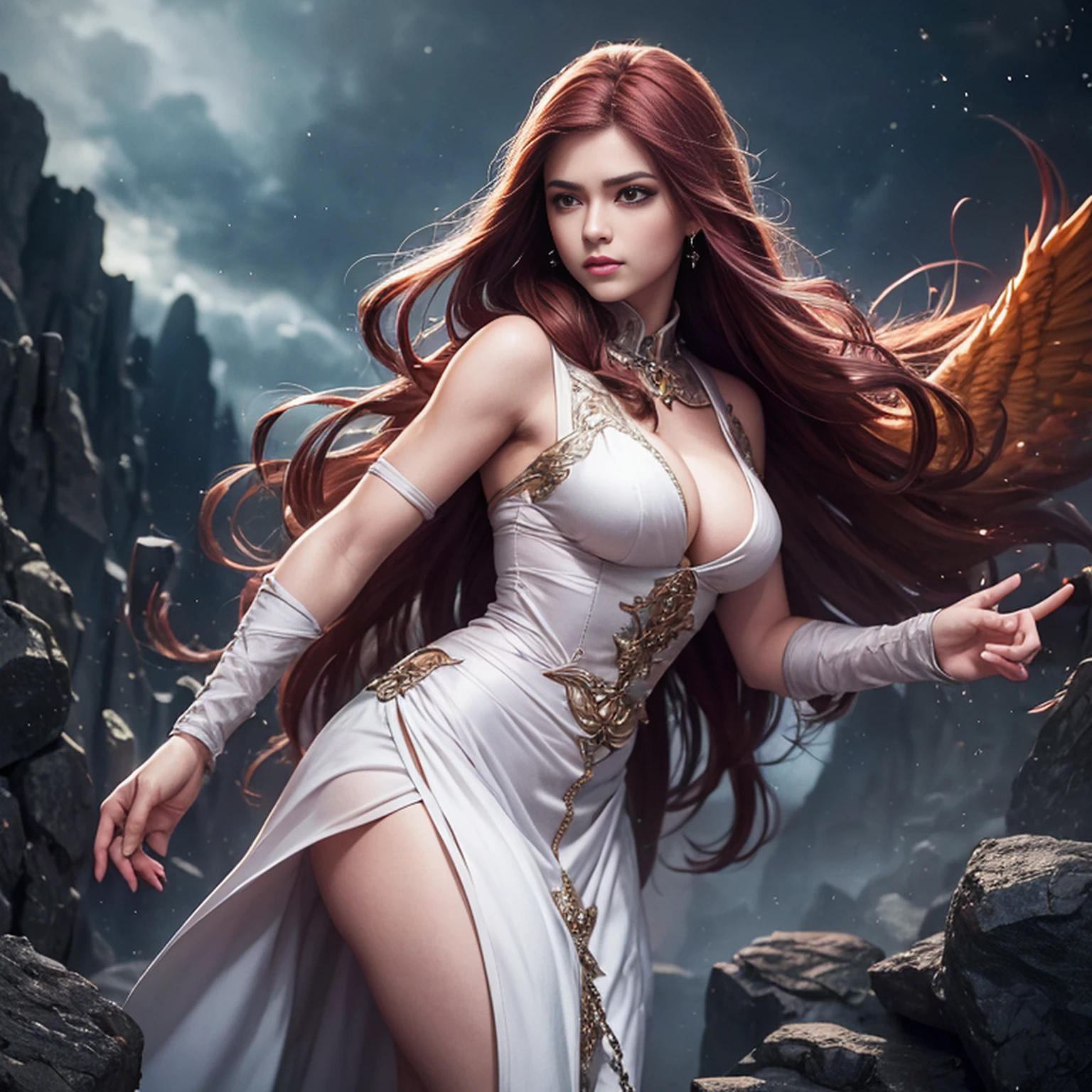 8k, ultra detalhado, master part, melhor qualidade, (extremamente detalhado), Arafed, arte dnd, scenic view, corpo inteiro, Aasimar sorceress casting a flaming spell, Aasimar, female, (Obra-prima 1.3, Detalhes intensos), female, feiticeira, Casting Flaming Spell (Obra-prima 1.3, Detalhes intensos) grandes asas angelicais, Open Blue Angelic Wings (Obra-prima 1.3, Detalhes intensos), magical fantasy background (Obra-prima 1.5, Detalhes intensos), lua, Estrelas, nuvem, vestindo manto branco, Capa roxa, flowing robe (Obra-prima 1.3, Detalhes intensos), Botas de salto alto (Obra-prima 1.3, Detalhes intensos), armado com pessoal, red hair, olhos verdes, olhos intensos, Feminino, Face Ultra Detalhada, (Obra-prima 1.5, melhor qualidade), anatomicamente correto (Obra-prima 1.3, Detalhes intensos), face determinada, Luz Divina, Cinematic lighting, luz suave, silhueta, fotorrealismo, scenic view (Obra-prima 1.3, Detalhes intensos) , Wide-Angle, Ultra-Grande Angular, 8k, Altas, melhor qualidade, Detalhes altos @Vlademir Bernardes