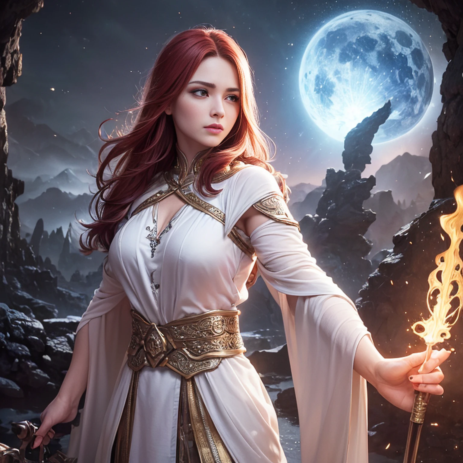 8k, ultra detalhado, master part, melhor qualidade, (extremamente detalhado), Arafed, arte dnd, scenic view, corpo inteiro, Aasimar sorceress casting a flaming spell, Aasimar, female, (Obra-prima 1.3, Detalhes intensos), female, feiticeira, Casting Flaming Spell (Obra-prima 1.3, Detalhes intensos) grandes asas angelicais, Open Blue Angelic Wings (Obra-prima 1.3, Detalhes intensos), magical fantasy background (Obra-prima 1.5, Detalhes intensos), lua, Estrelas, nuvem, vestindo manto branco, Capa roxa, flowing robe (Obra-prima 1.3, Detalhes intensos), Botas de salto alto (Obra-prima 1.3, Detalhes intensos), armado com pessoal, red hair, olhos verdes, olhos intensos, Feminino, Face Ultra Detalhada, (Obra-prima 1.5, melhor qualidade), anatomicamente correto (Obra-prima 1.3, Detalhes intensos), face determinada, Luz Divina, Cinematic lighting, luz suave, silhueta, fotorrealismo, scenic view (Obra-prima 1.3, Detalhes intensos) , Wide-Angle, Ultra-Grande Angular, 8k, Altas, melhor qualidade, Detalhes altos @Vlademir Bernardes