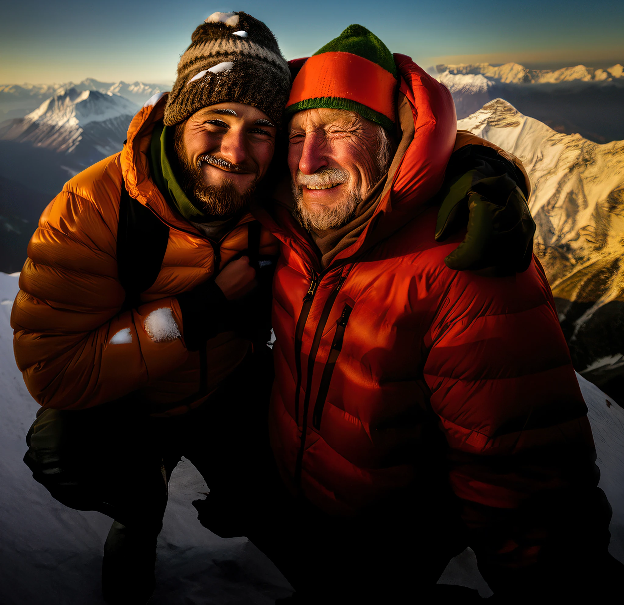 Snow falling on men in high resolution, 8k, realista, photographic