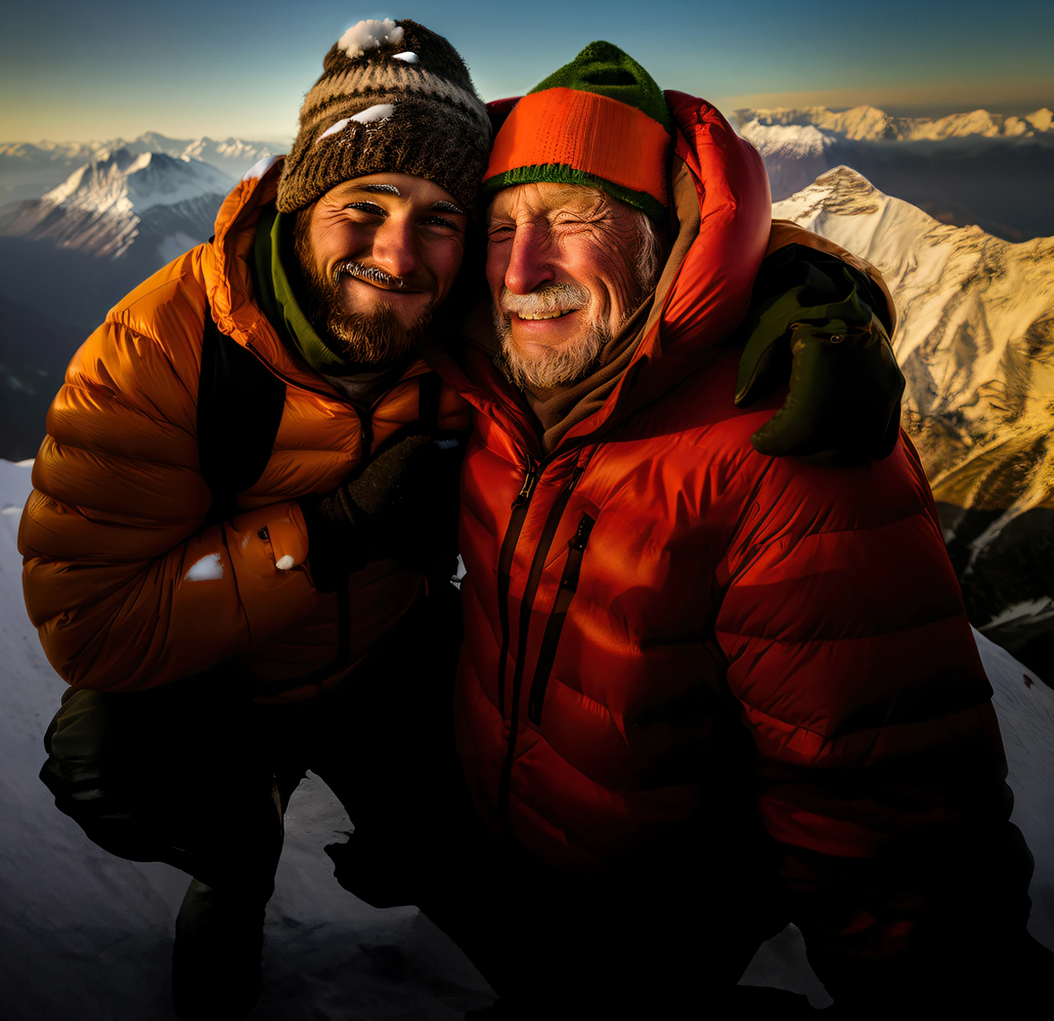 Snow falling on men in high resolution, 8k, realista, photographic