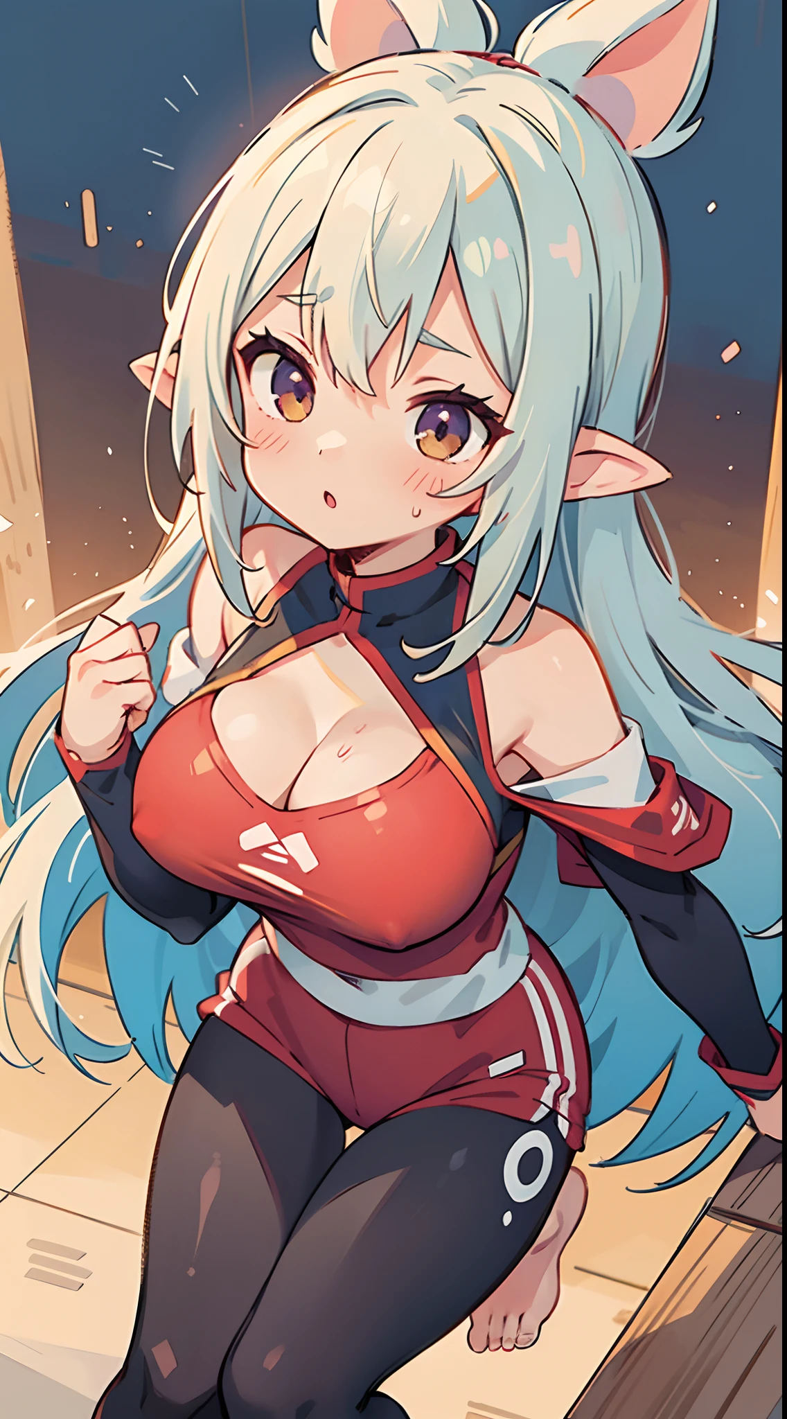 number art、Dark Elves、Sportswear,Barefoot,Sports tights,Yuruchara style、Large breasts,Off-the-shoulder attire,nabel,Big breasts Thin waist,cleavage,Raised sexy,Be red in the face