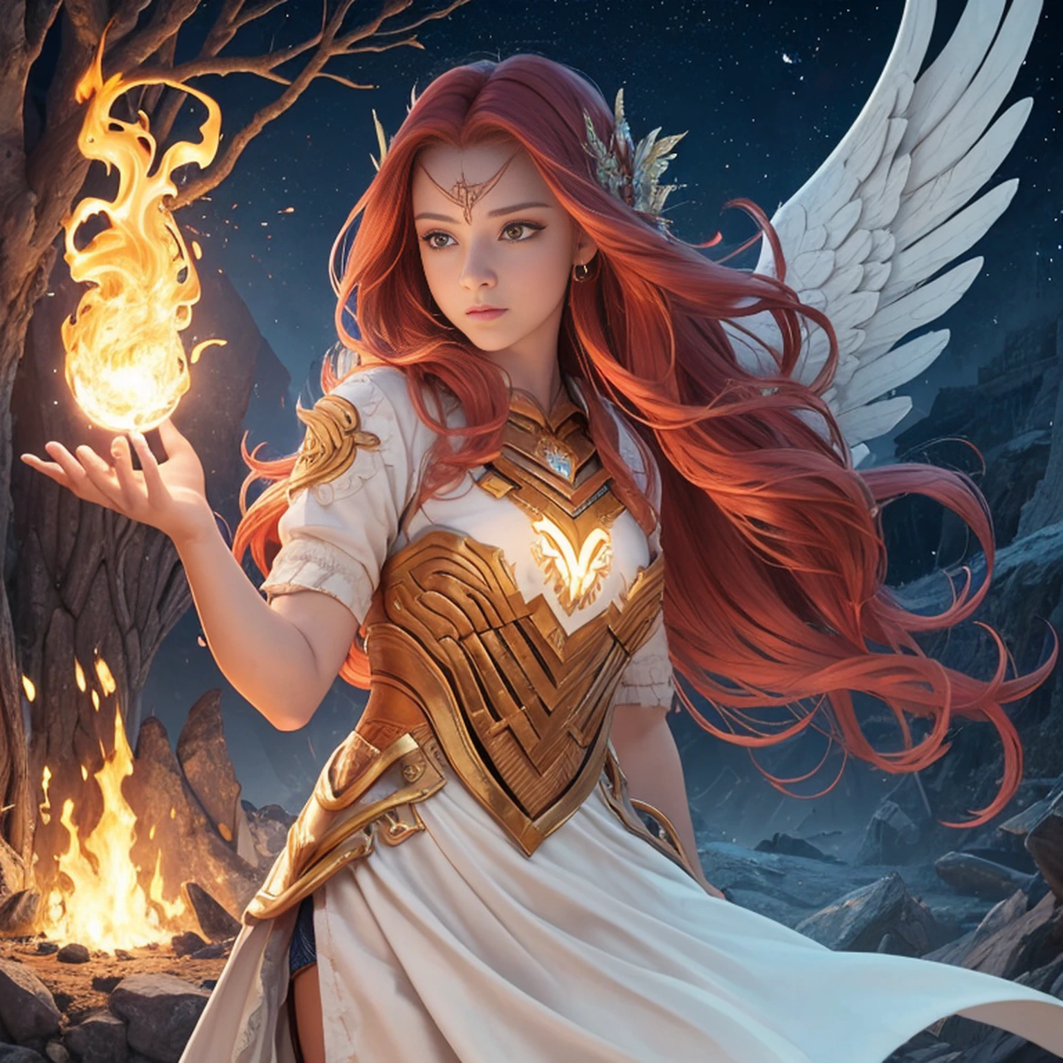 8k, ultra detalhado, master part, melhor qualidade, (extremamente detalhado), Arafed, arte dnd, scenic view, corpo inteiro, Aasimar sorceress casting a flaming spell, Aasimar, female, (Obra-prima 1.3, Detalhes intensos), female, feiticeira, Casting Flaming Spell (Obra-prima 1.3, Detalhes intensos) grandes asas angelicais, Open Blue Angelic Wings (Obra-prima 1.3, Detalhes intensos), magical fantasy background (Obra-prima 1.5, Detalhes intensos), lua, Estrelas, nuvem, vestindo manto branco, Capa roxa, flowing robe (Obra-prima 1.3, Detalhes intensos), Botas de salto alto (Obra-prima 1.3, Detalhes intensos), armado com pessoal, red hair, olhos verdes, olhos intensos, Feminino, Face Ultra Detalhada, (Obra-prima 1.5, melhor qualidade), anatomicamente correto (Obra-prima 1.3, Detalhes intensos), face determinada, Luz Divina, Cinematic lighting, luz suave, silhueta, fotorrealismo, scenic view (Obra-prima 1.3, Detalhes intensos) , Wide-Angle, Ultra-Grande Angular, 8k, Altas, melhor qualidade, Detalhes altos @Vlademir Bernardes