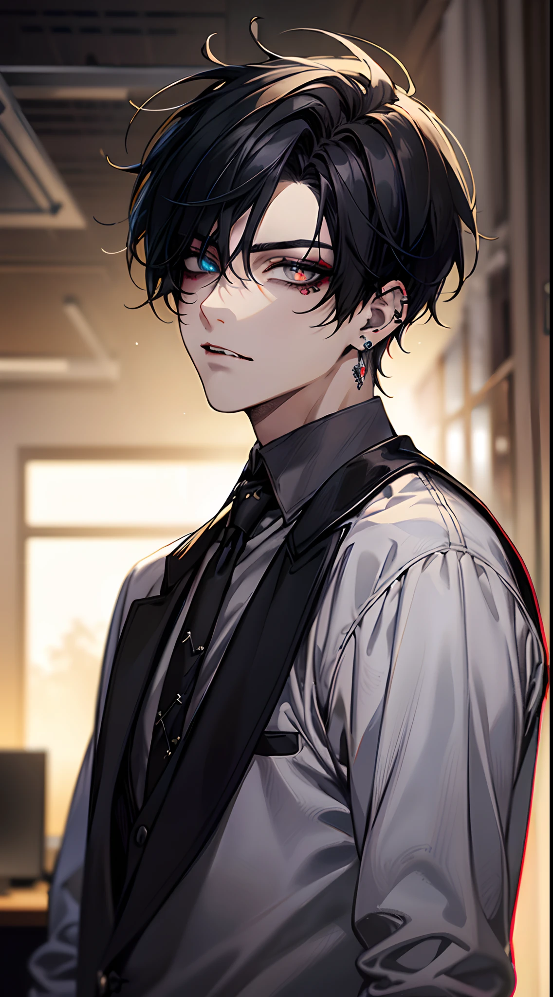 (masterpiece, Best Quority, 8K, masterpaintings), 1boy, (Eye 1:1, Clear eyes, Elaborate Eyes, Delicate pupils, Details of the eyes, good eyes), Short Hair, black hair, (((messy fade cut hair))), (((Skinny boy wearing gothic makeup))), (((gothic makeup))), student, office shirt, Face focus, Emo style, Rock style, fangs, piercing, earrings, lots of piercings, detailed metal jewelry, black finger nails, side lock, Gothic style, Adults, office shirt, facial detail, Diffused sunlight, depth of field, Background bokeh for optimal light, Best Shadow, cinematiclight, (realskin), raytrace, Unreal Engine 5, Reflective skin, Digital illustration, super model, (Body edge lighting, Colored light sources are around), Looking into the distance