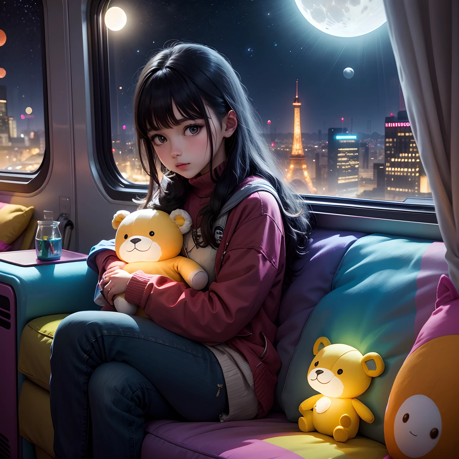 Colorful stuffed animals　Colorful lights　The moon seen from the window　buses　sofas