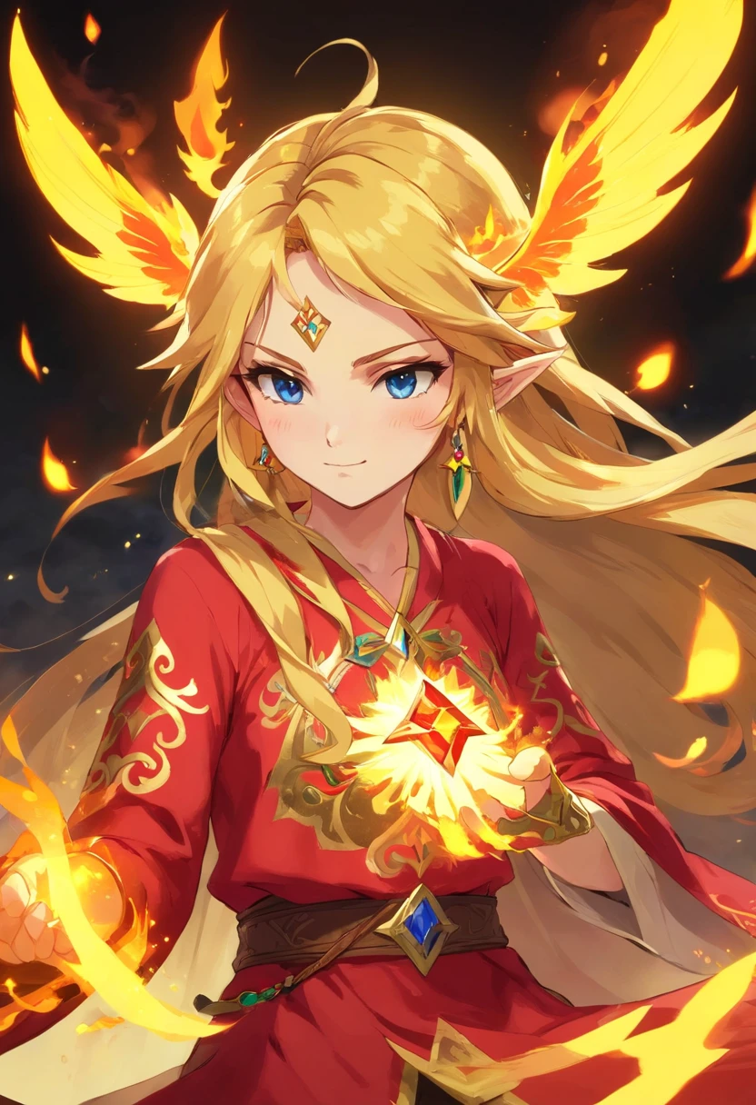 Fairy, fiery locks of hair, glowing with yellow fire inside and out, glowing red robe of fire, masterpiece, best quality