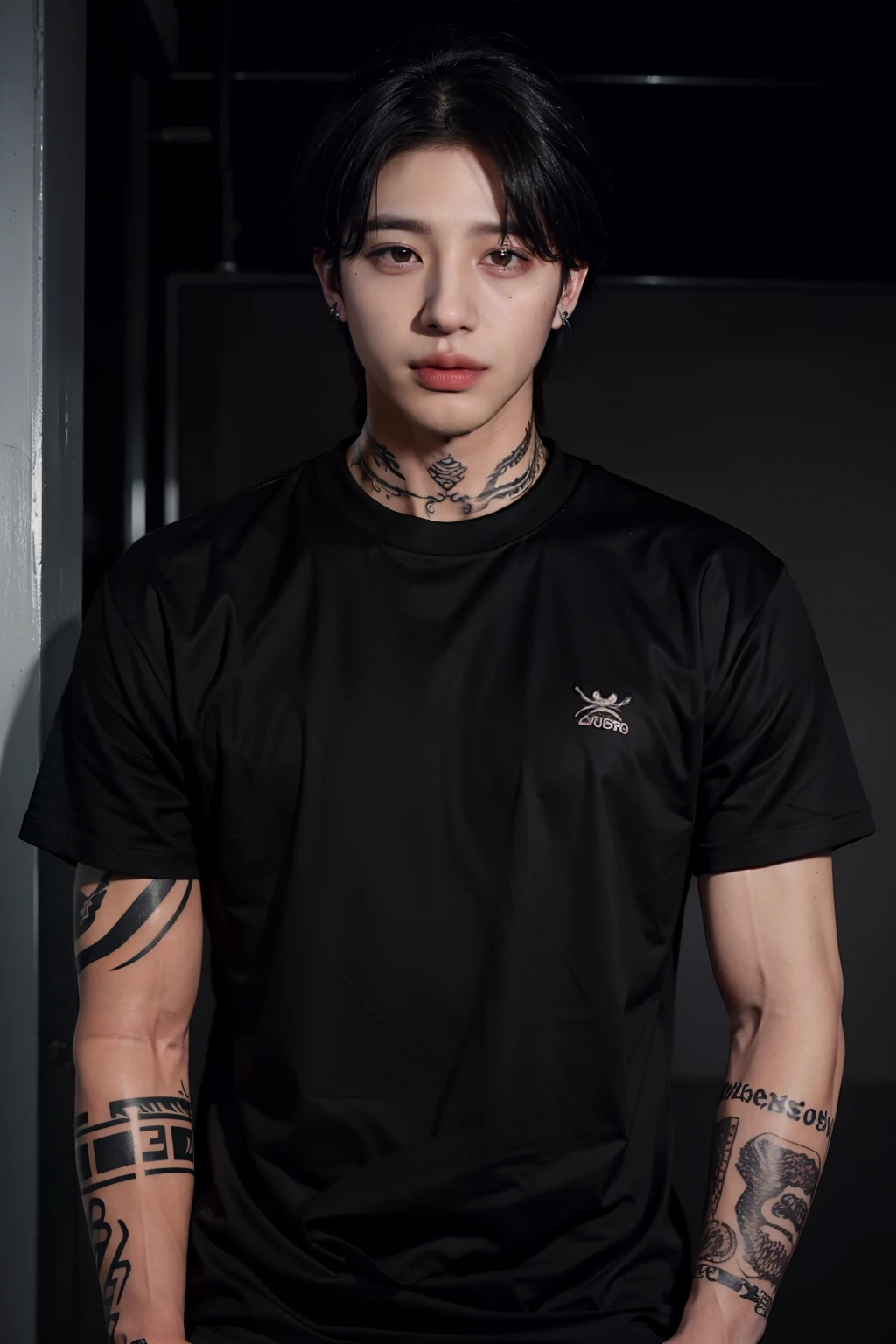 ((HIGH QUALITY)) jungkook of bts with body tattoos, septum piercing, lip piercing, long/mid hair, and black shirt.