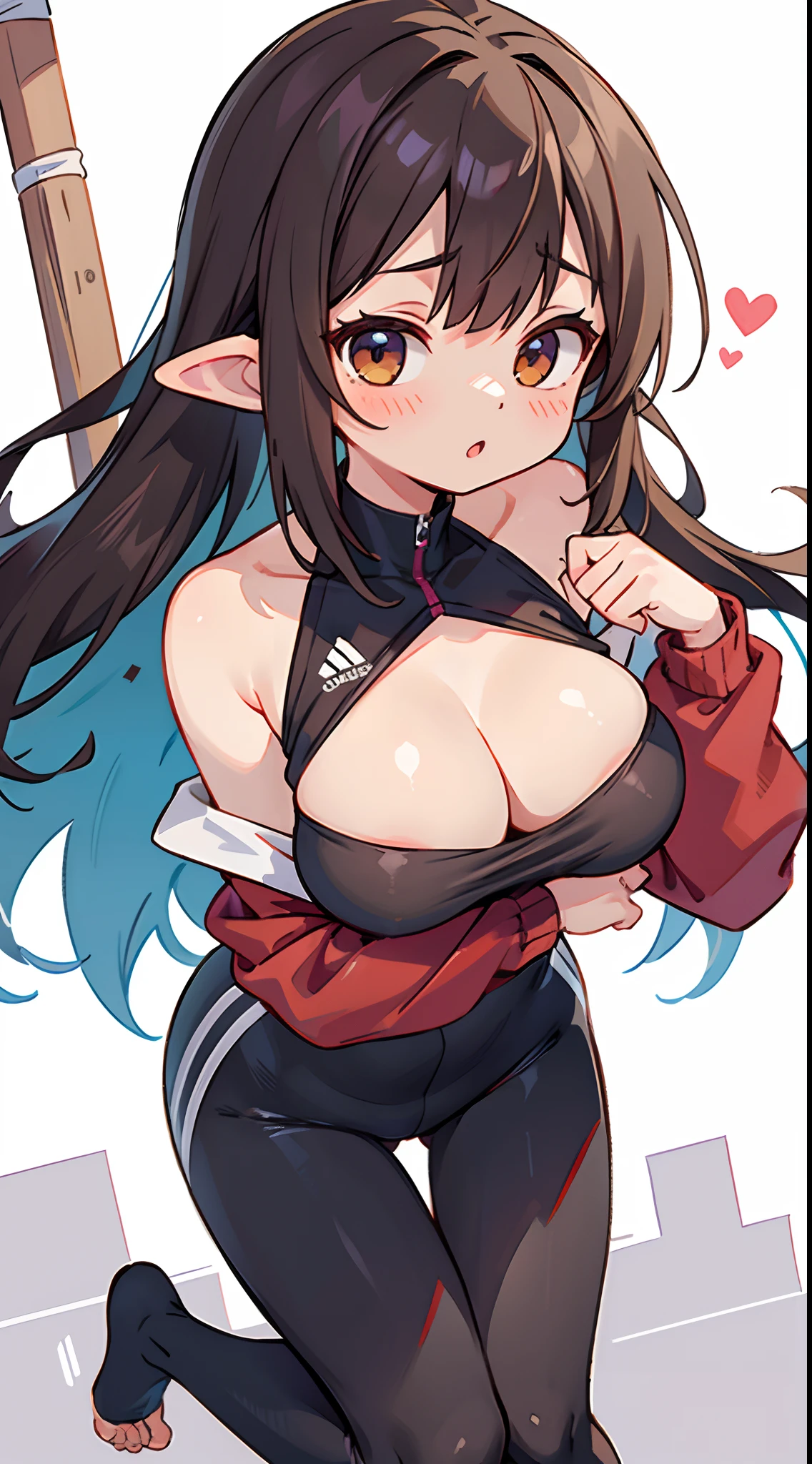 number art、Dark Elves、Sportswear，Barefoot，Sports tights，Yuruchara style、Large breasts，Off-the-shoulder attire，nabel，Big breasts Thin waist，cleavage，Raised sexy，Be red in the face