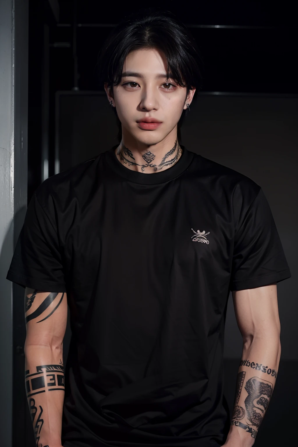 ((HIGH QUALITY)) jungkook of bts with body tattoos, septum piercing, lip piercing, long/mid hair, and black shirt.