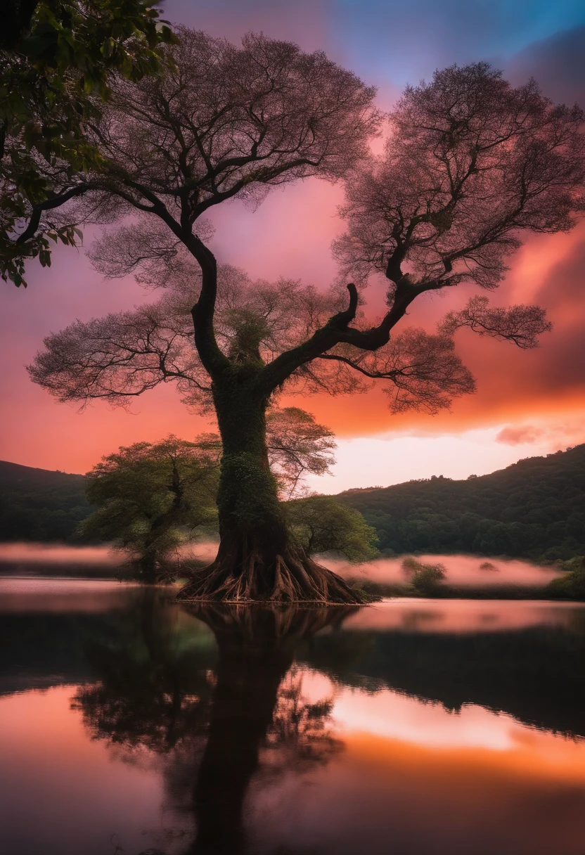uma garota loira a beira de um lago olhando uma arvore cair