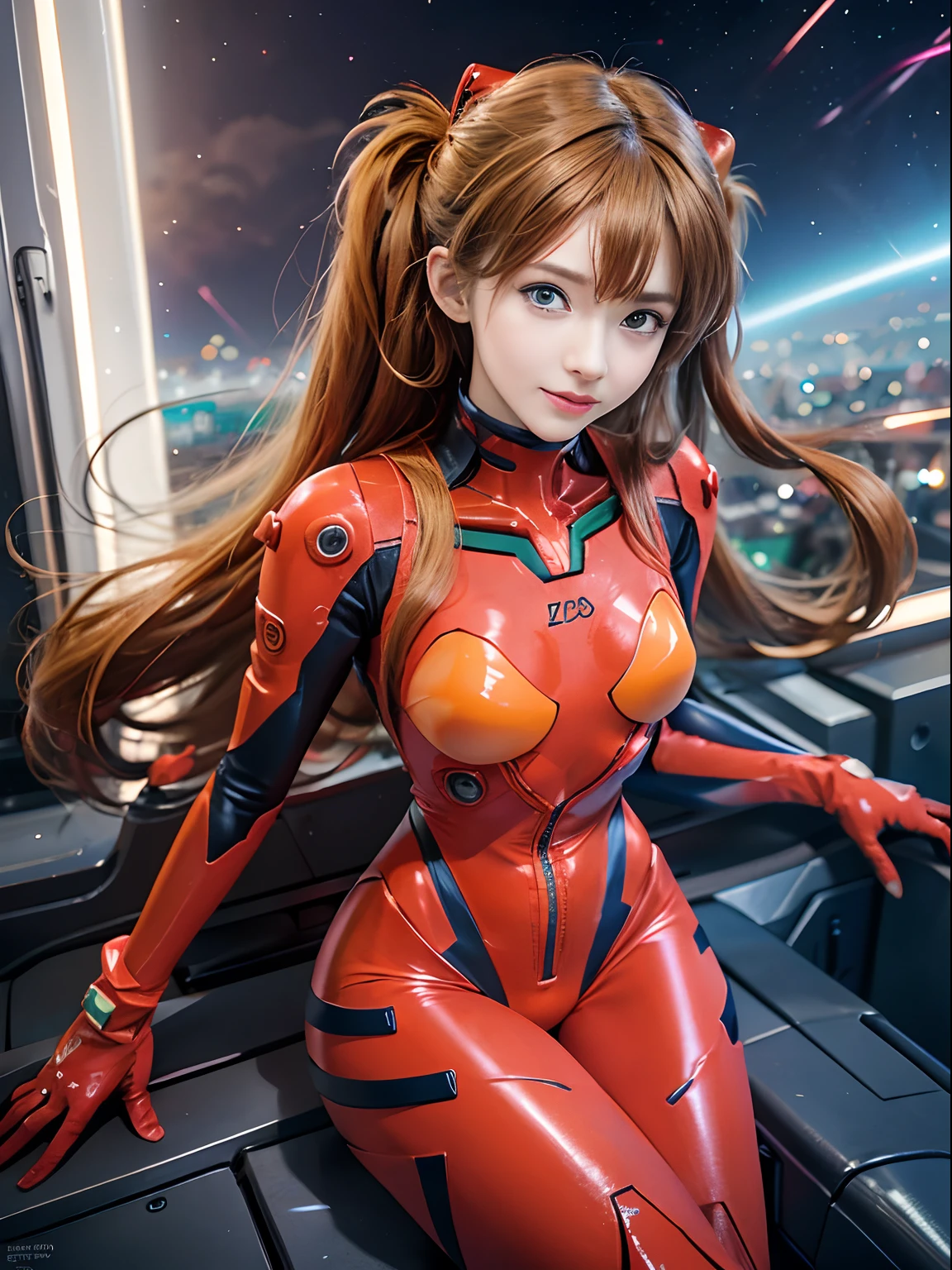 Shikiha Asuka Langre, ASUKA, Evangelion, her hair is a long blonde double ponytail, wearing a full red EVA pilot's combat suit, high heels on her feet, tsundere girl, slender, juvenile, with almond-shaped sky blue eyes, long eyelashes, shiny lips, tsundere and playful expression, full body portrait, hair bobbles, longeyelashes, light smile, ear blush, fang, blonde hair, twintails, heart-shaped pupils, Surrealism, drop shadow, stereogram, tachi-e, pov, atmospheric perspective, Futurism, anime style, cinematic lighting, sparkle, ray tracing, drop shadow, speed lines, tachi-e, diffraction spikes, f/16, 8k, super detail, ccurate, best quality, retina, masterpiece, award winning, textured skin