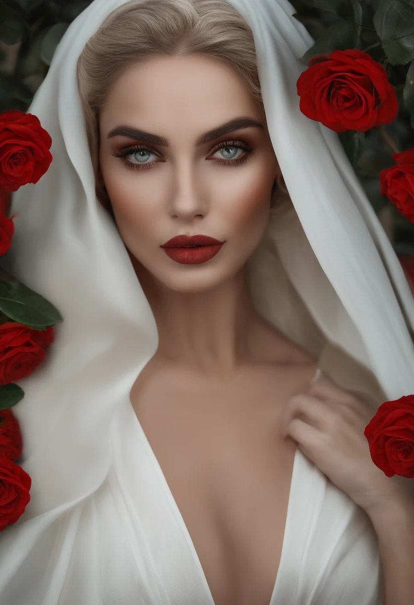 master part, extremely high quality, (foco sozinho), (rosto perfeito:1.1), (High detail:1.1), (olhos hiper detalhados), Dramatic, 1 cara, (pale skin), longos cabelos brancos, ethereal eyes, (sobrancelhas claras), sozinho, cabelos longos, JTiago Azevedo, lua, Noite, terno de luxo branco, pouty lips, pele, proud expression,Praia, Antecedentes detalhados, Arte por Artgerm, Cinematic lighting, Roses, moda, BalenciagaStyle