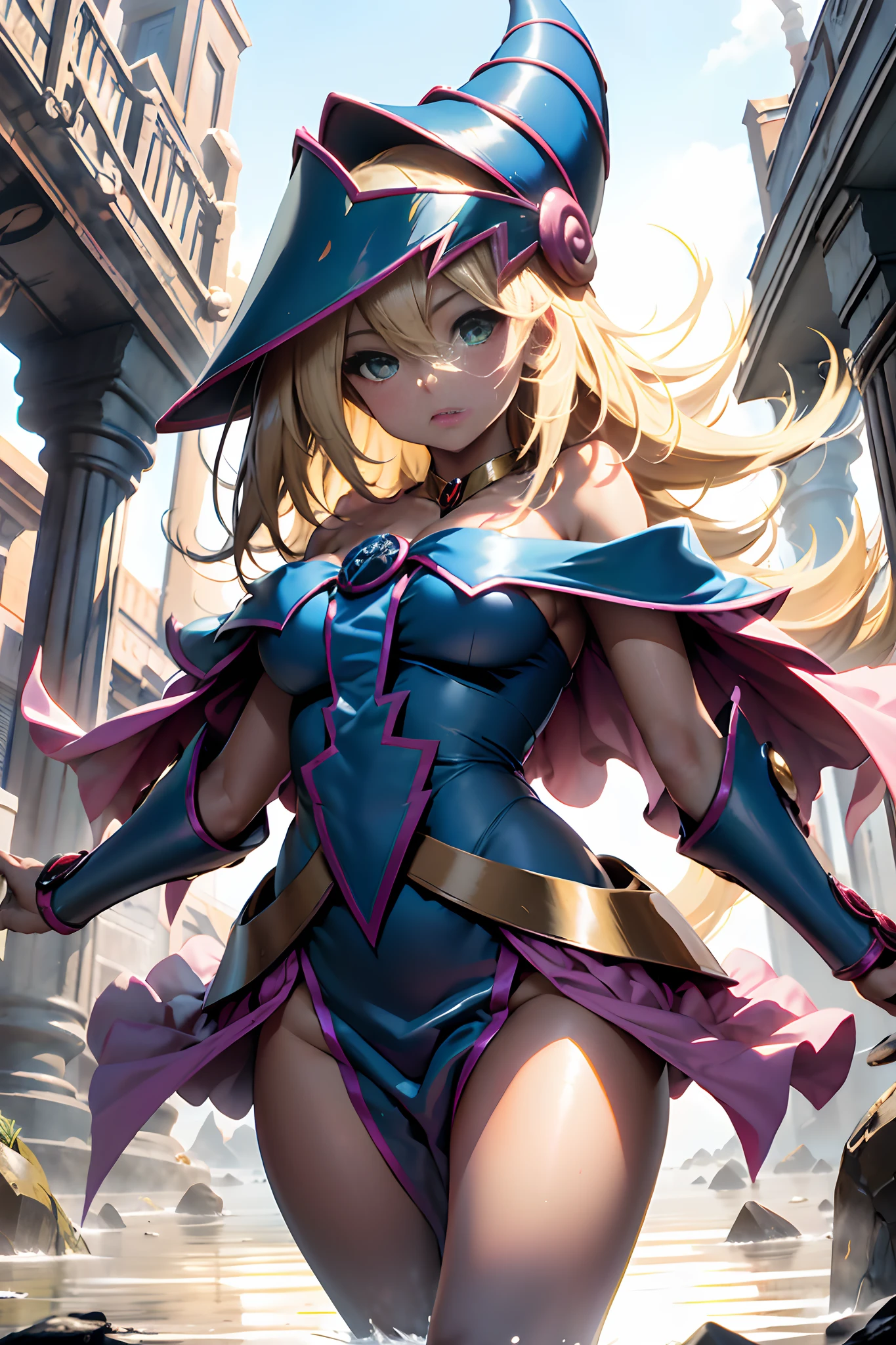 Dark magician girl , You're standing on the battlefield, All bathed in magical light, como si fueras el centro del universo. Tu ropa de batalla, Hecho de la misma magia que controlas, parecen brillar desde adentro. These are harmonisation garments., where magical beauty is combined with a certain magical functionality. Tu ropa es suave, .swift, como destructivos por la magia que los cubre. Your body is covered in magical light, Su piel es suave y brillante, Emitiendo brillo. Tus ojos arden de magia, Rayos suaves con un tenue tono dorado, brillo de tu cuerpo. Such a vision makes the enemy tremble in fear of your power... Pero eso no es todo: controlas la magia que te ha cubierto.. These clothes have the ability to attract magical entities to themselves.: They become more vivid when surrounded by a different kind of magic... Y te da nuevas oportunidades: You can unleash a wave of magic that will disperse throughout the battlefield, Destruye enemigos que se interponen en tu camino. You can create telekinetic obstacles that allow you to move through the air by biting your knees before going on an attack mission.., girlish, ojos oscuros, cuerpo delgado, Cara perfecta, bashful, ((Corrupt Magic Girl)), mascarilla bucal, bufanda