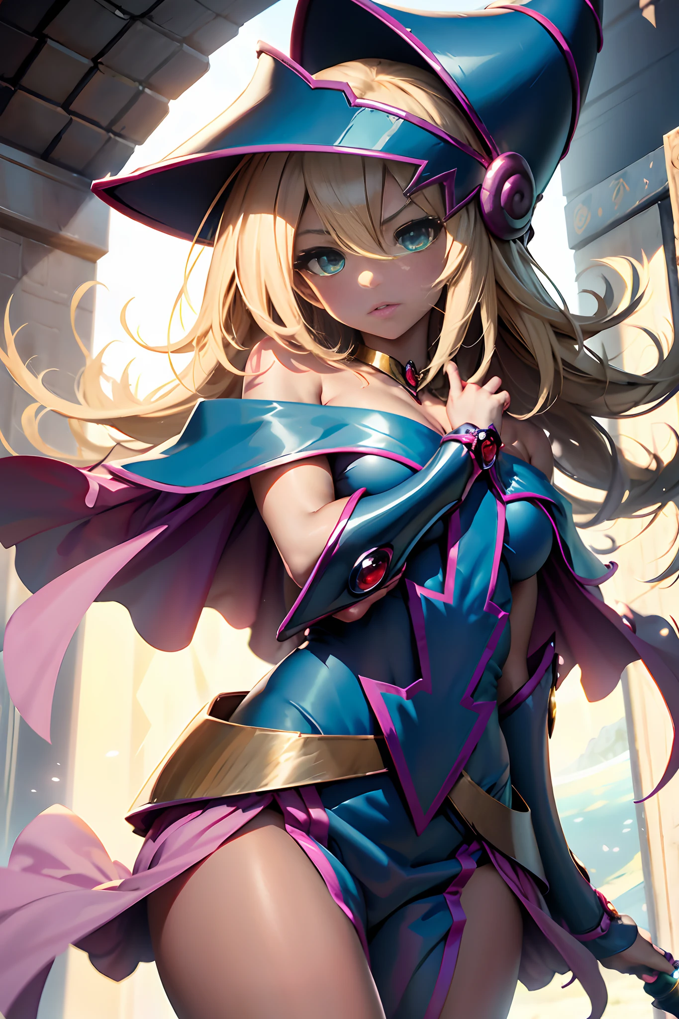 Dark magician girl , You're standing on the battlefield, All bathed in magical light, como si fueras el centro del universo. Tu ropa de batalla, Hecho de la misma magia que controlas, parecen brillar desde adentro. These are harmonisation garments., where magical beauty is combined with a certain magical functionality. Tu ropa es suave, .swift, como destructivos por la magia que los cubre. Your body is covered in magical light, Su piel es suave y brillante, Emitiendo brillo. Tus ojos arden de magia, Rayos suaves con un tenue tono dorado, brillo de tu cuerpo. Such a vision makes the enemy tremble in fear of your power... Pero eso no es todo: controlas la magia que te ha cubierto.. These clothes have the ability to attract magical entities to themselves.: They become more vivid when surrounded by a different kind of magic... Y te da nuevas oportunidades: You can unleash a wave of magic that will disperse throughout the battlefield, Destruye enemigos que se interponen en tu camino. You can create telekinetic obstacles that allow you to move through the air by biting your knees before going on an attack mission.., girlish, ojos oscuros, cuerpo delgado, Cara perfecta, bashful, ((Corrupt Magic Girl)), mascarilla bucal, bufanda